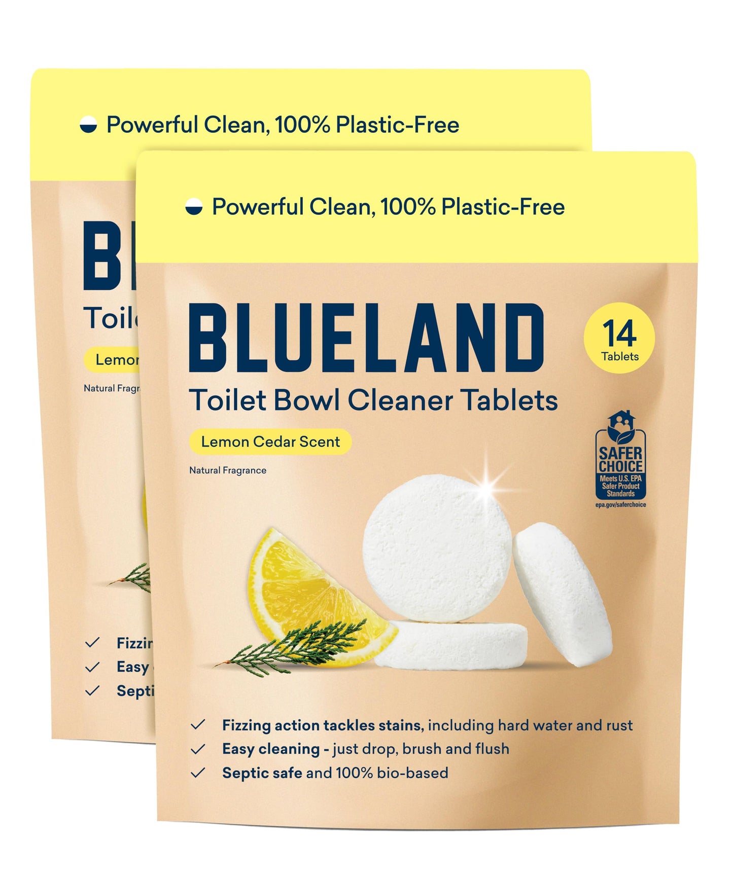 BLUELAND Toilet Bowl Cleaner Tablets, 28 Count, Lemon Cedar, Plastic-Free, No Harsh Chemicals, Plant-Based