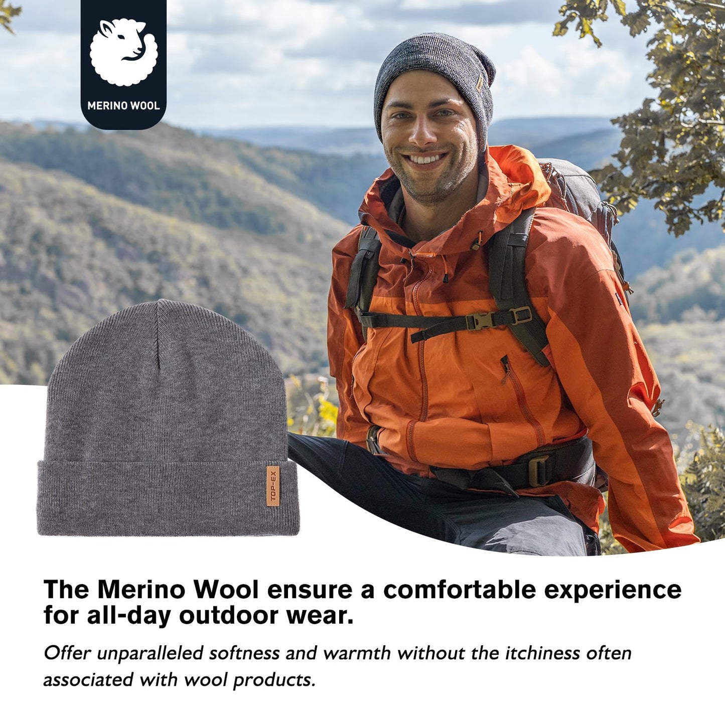 TOP-EX Winter Beanie Hats for Men Merino Wool Big Head Fleece Lined Cold Weather Hunting Running Ski Warm Medium Large Black