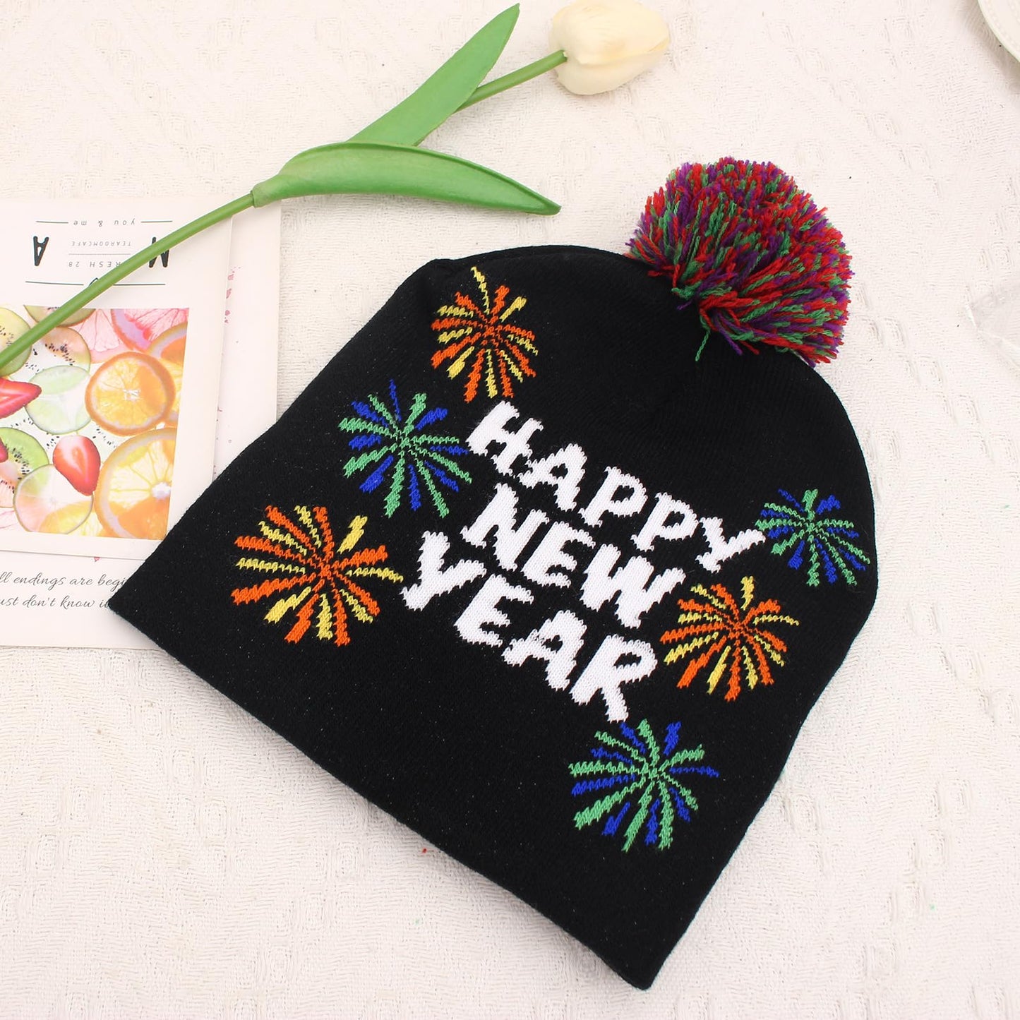 Enrwin Unisex Christmas Hat Winter Knitted Crochet Beanie Happy New Year Hat for Women and Men Gift for Christmas (Style01-Black, Polyester)