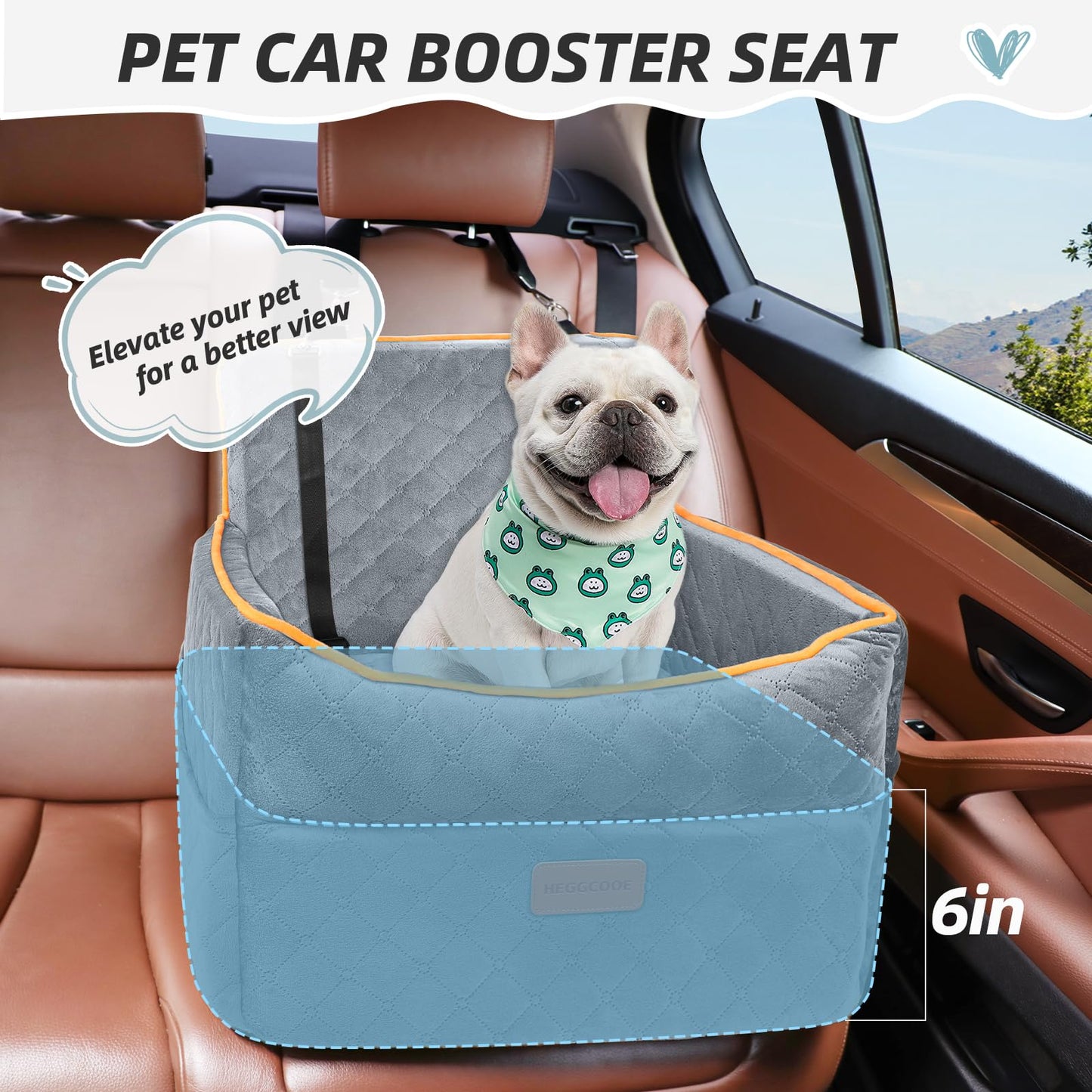 HEGGCOOE Dog Car Seat for Small Medium Dogs, Memory Foam Puppy Dog Booster Seat with Thick Cushion for Dogs Under 35lbs, Detachable Washable Pet Car Seat Travel Bed with Storage Pockets,2 Safety Belts