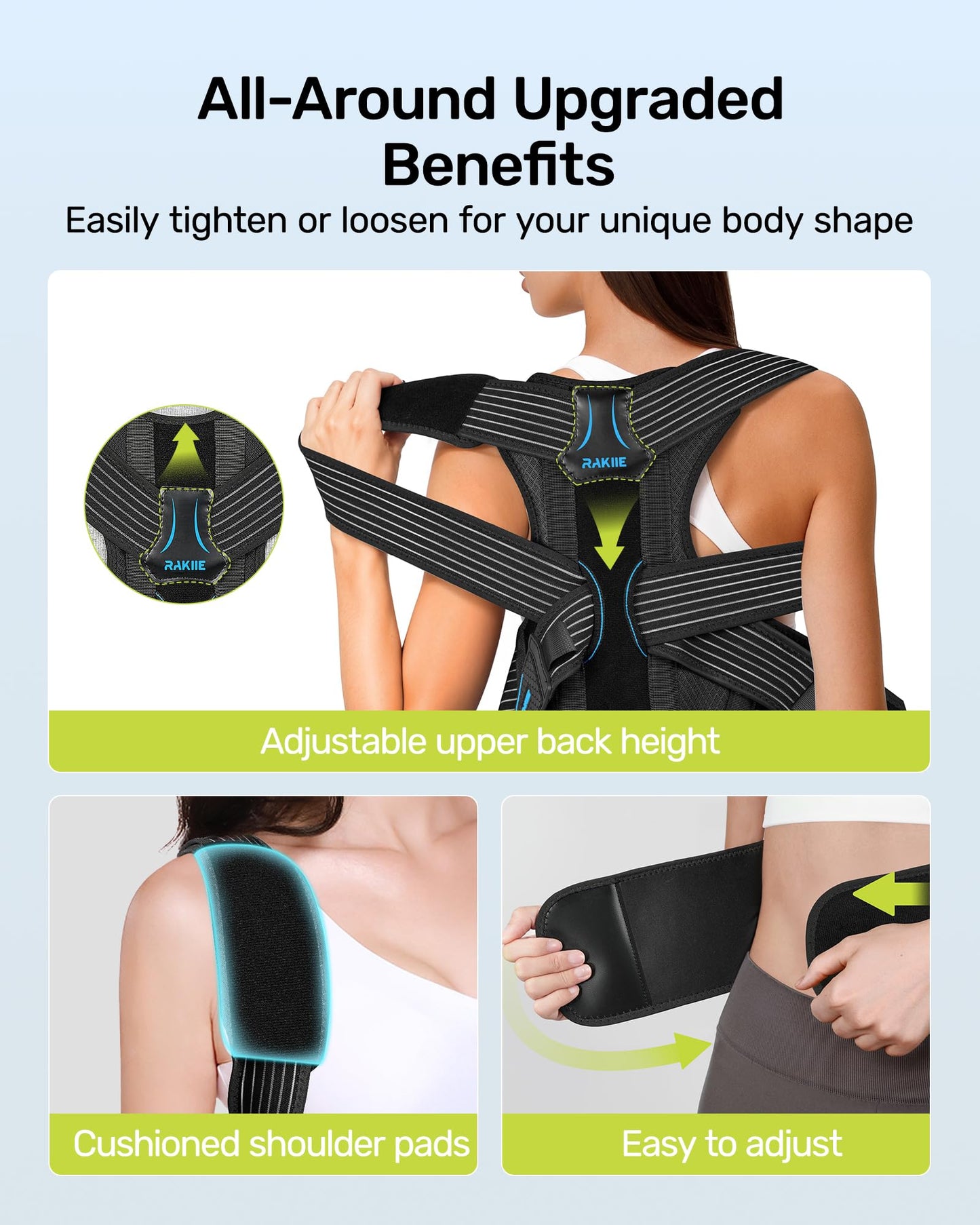 Rakiie Posture Corrector for Women and Men, Upgraded Back Brace with Enhanced Support, Shoulder Straightener with Cushioned Shoulder Pads & Underarm Pain Relief Strap, Size M (Upper Waist: 35.4"-41.3")