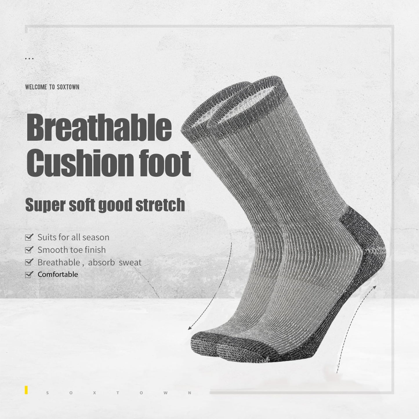 SOX TOWN Men's Merino Wool Cushion Crew Socks Moisture Wicking Control for Outdoor Hiking Work Boot Thermal Warm All Seasons(Black M)