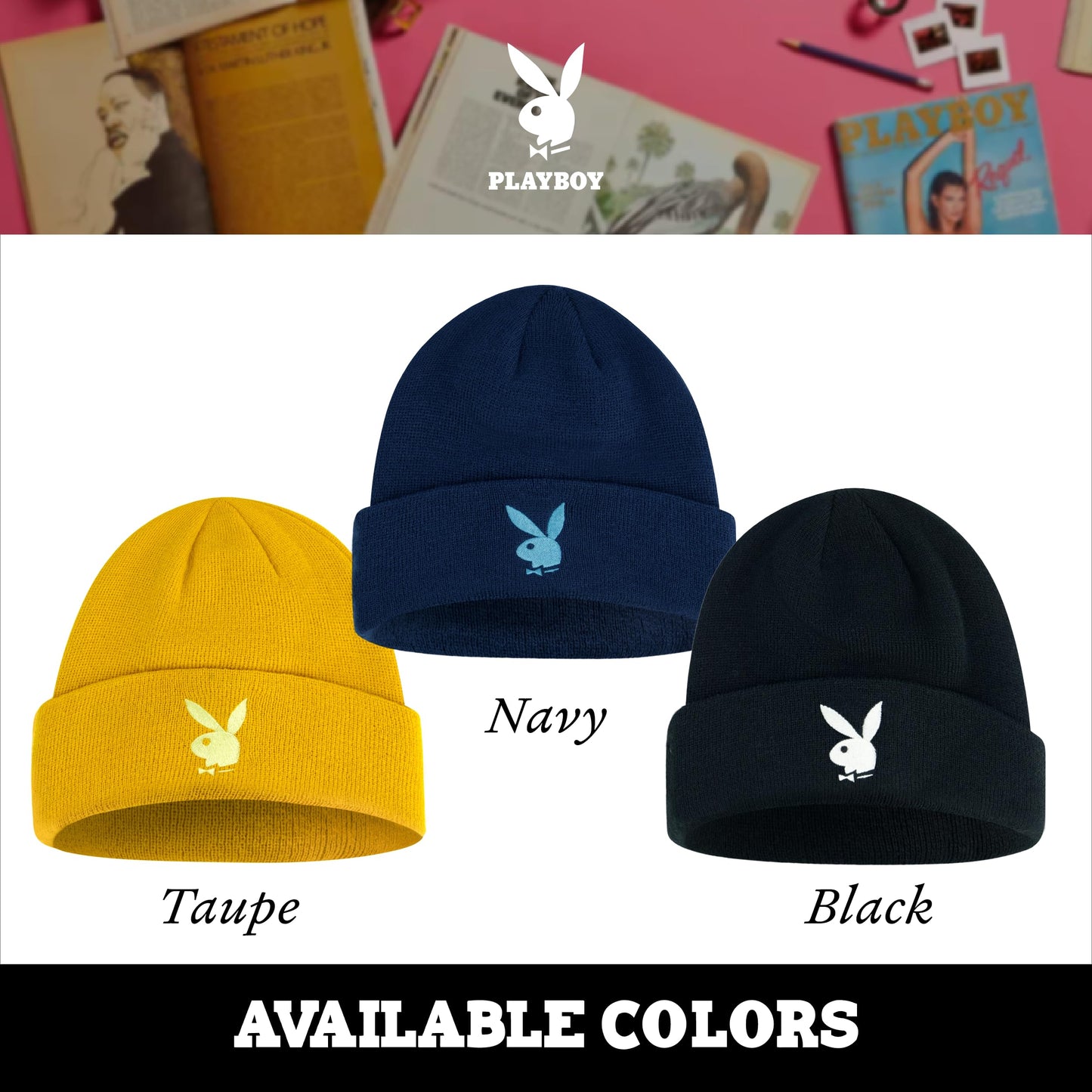 Concept One Playboy Beanie Hat, Cuffed Knit Winter Cap with Logo, Black