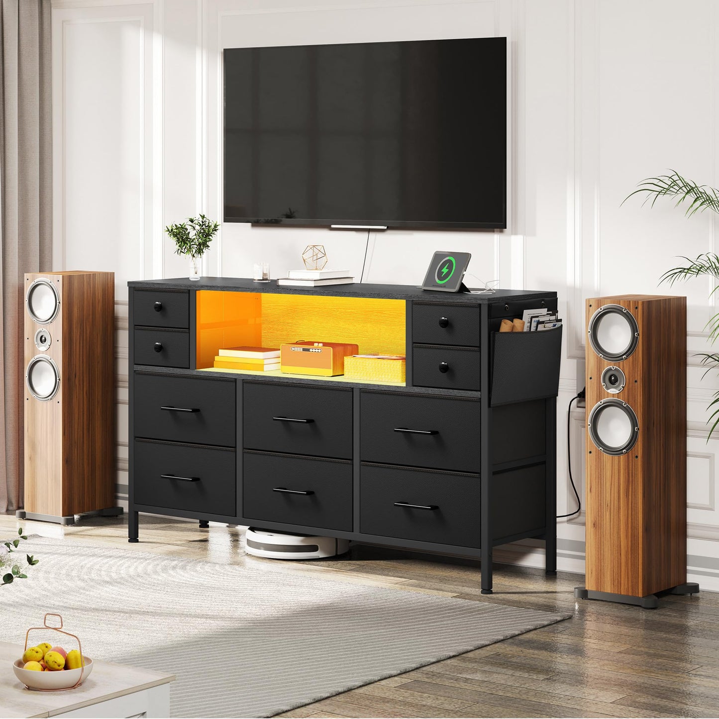 YITAHOME TV Stand with Charging Station, Dresser TV Stand for 55'', 10 Drawer Dresser for Room, Media TV Console Table with Side Pockets & Hooks, Storage Fabric Drawer Unit for Room