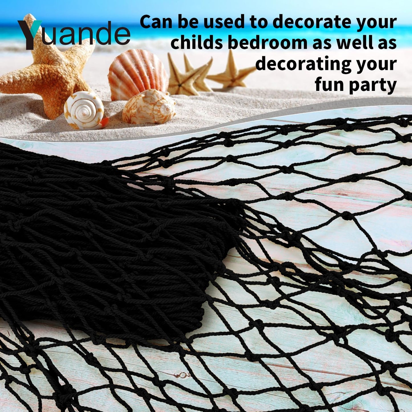 Decorative Fishing Net 80x40 Inch,YuanDe 2 Pack Large Black Picture Fish Net, Wall Photo Hanging Fishnet for Nautical Mermaid Pirate Ocean Themed Hawaii Beach Under The Sea Party Decorations