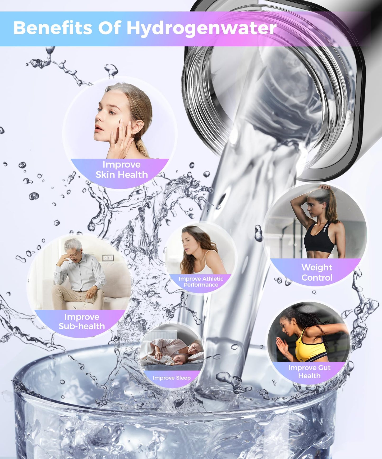 Amzany Hydrogen Water Bottle 6000-8000PPB, Portable Hydrogen Generator, Ion Water Bottle with LED Display, Suitable for Office, Travel and Daily Drinking