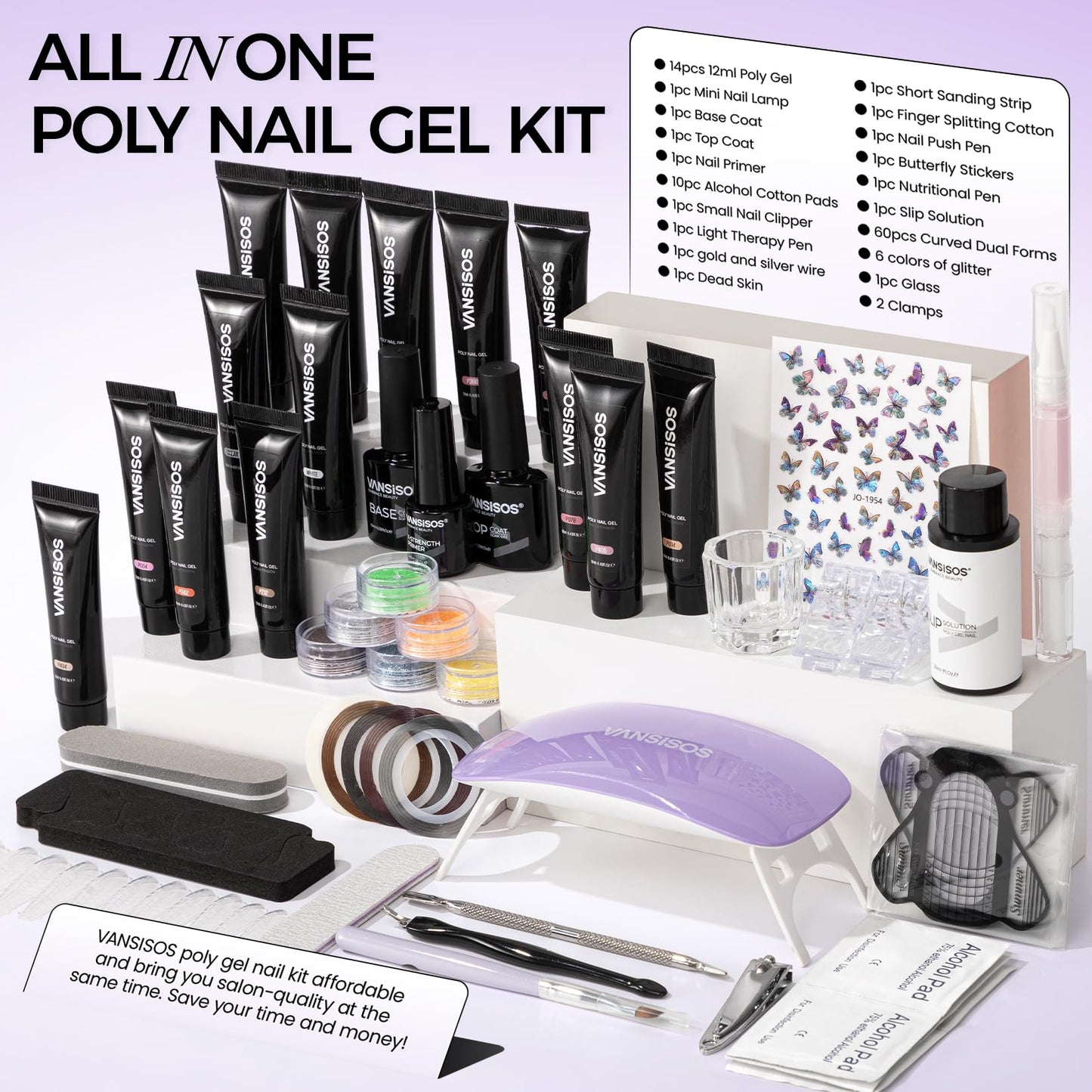 VANSISOS Poly Gel Nail Kit: 14 PCS PolyGel with Slip Solution Mini U V Nail Light Poly Nail Gel Kit for Beginners with Everything Extension