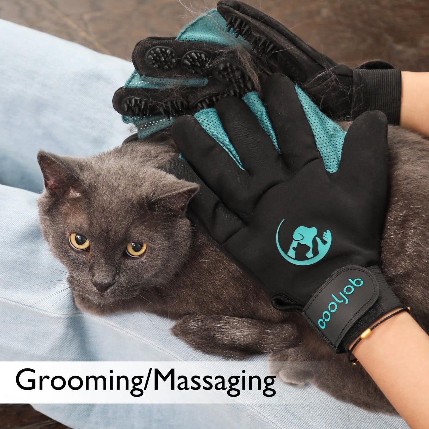 COOLJOB Patented Pet Grooming Gloves with Web, Reusable Washable Cleaning Brush Massage Hair Remover for Short Long Haired Dog Cat Horse Animal, Washing Bathing Shedding Supplies, Medium, Blue Black
