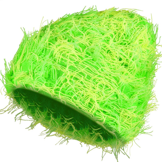 Chuarry Distressed Knitted Beanie Fuzzy Winter Hats Thick Warm Beanies Y2k Beanie Snow Knit Cap Skull for Women Men(Yellow and Green,Regular Style)