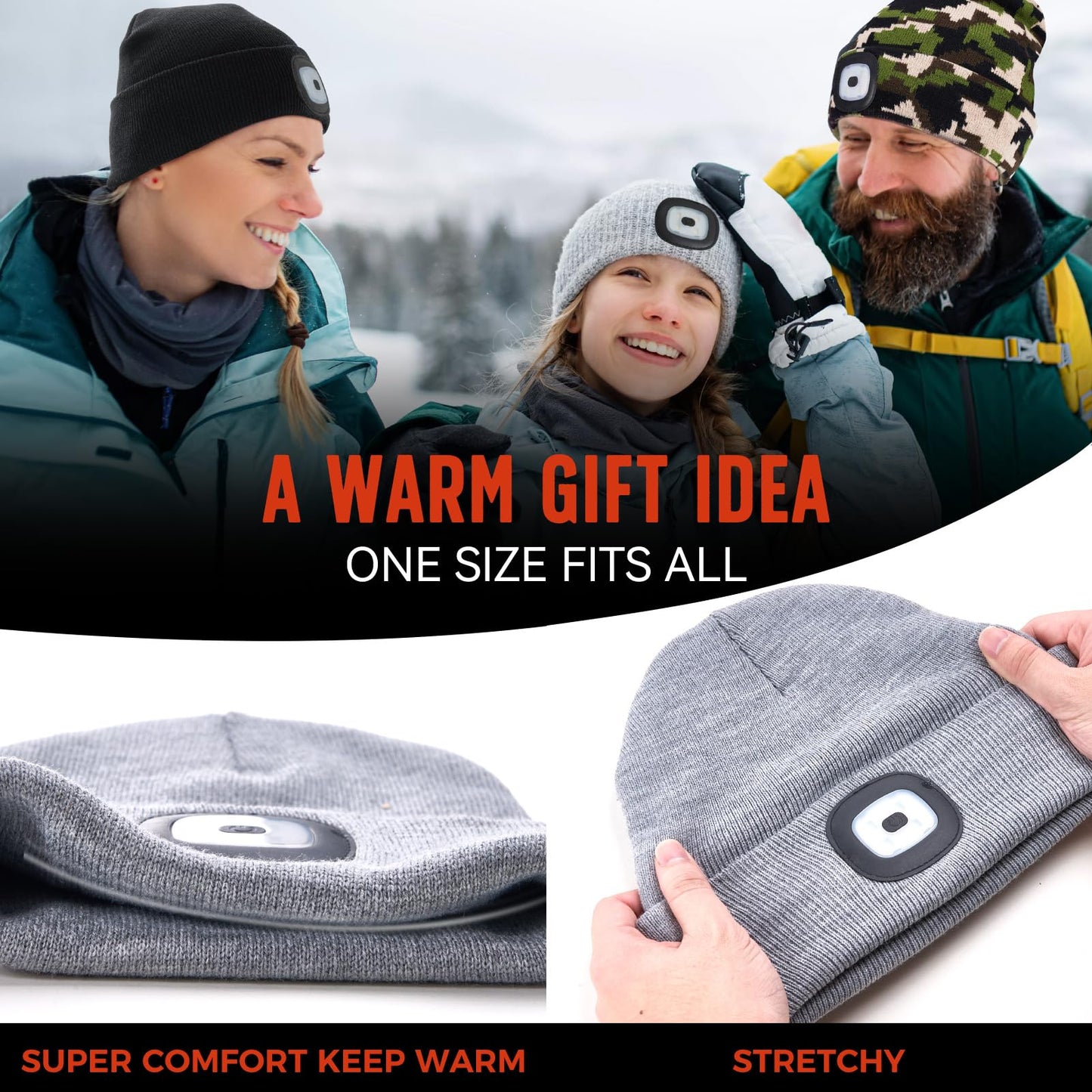 SYMNTEM Unisex Beanie Hat with Light, Christmas Day Gifts for Men, Rechargeable Headlight Cap Winter, Stocking Stuffers for Men, Adults, Teens, Dad, Father, Husband, Cool Gadget Gifts for Women, Grey