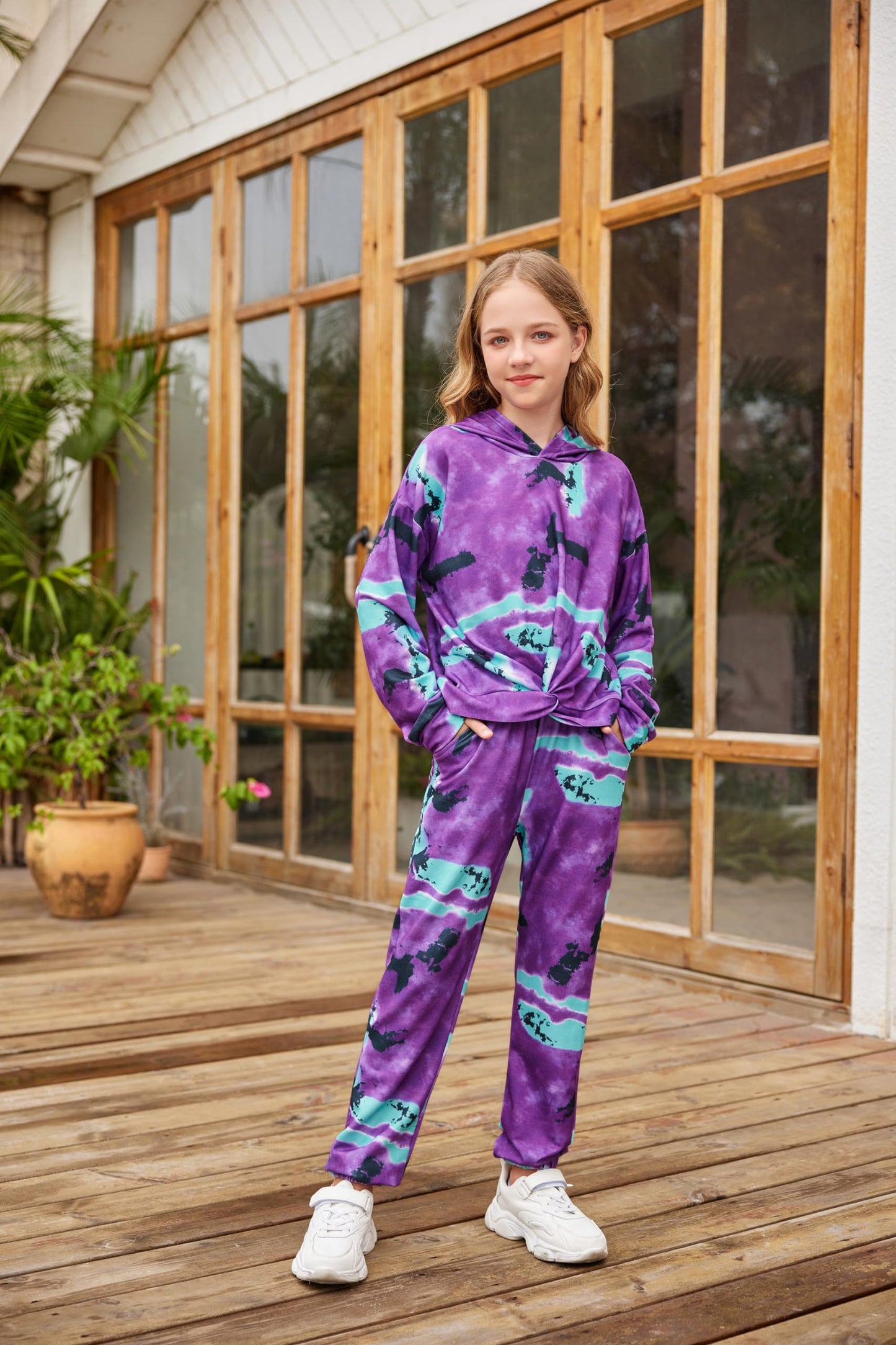 Arshiner Girl Pullover Set Sweatsuit Long Sleeve Tie Dye Twist Front Top Winter Fall Tracksuit Sweatpants Casual Size 10-12