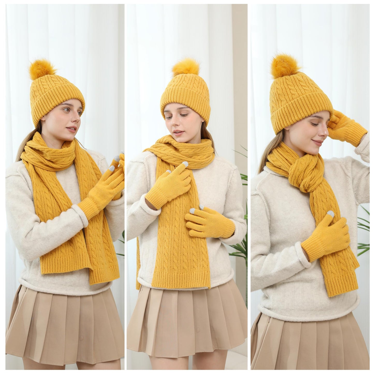 Double Couple Winter Beanie Hat Scarf Gloves Set for Women Beanie with Pom Long Scarf Warm Touchscreen Gloves Set
