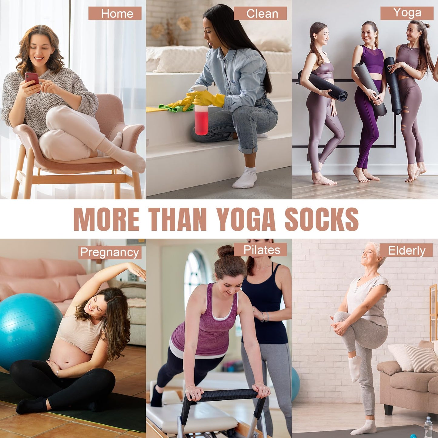 Toes Home Pilates Socks for Women with Non Slip Grippers, Yoga Crew Socks for Barre Hospital Exercise Workout Sticky Athletic Slipper Socks 4 Pairs Brown White
