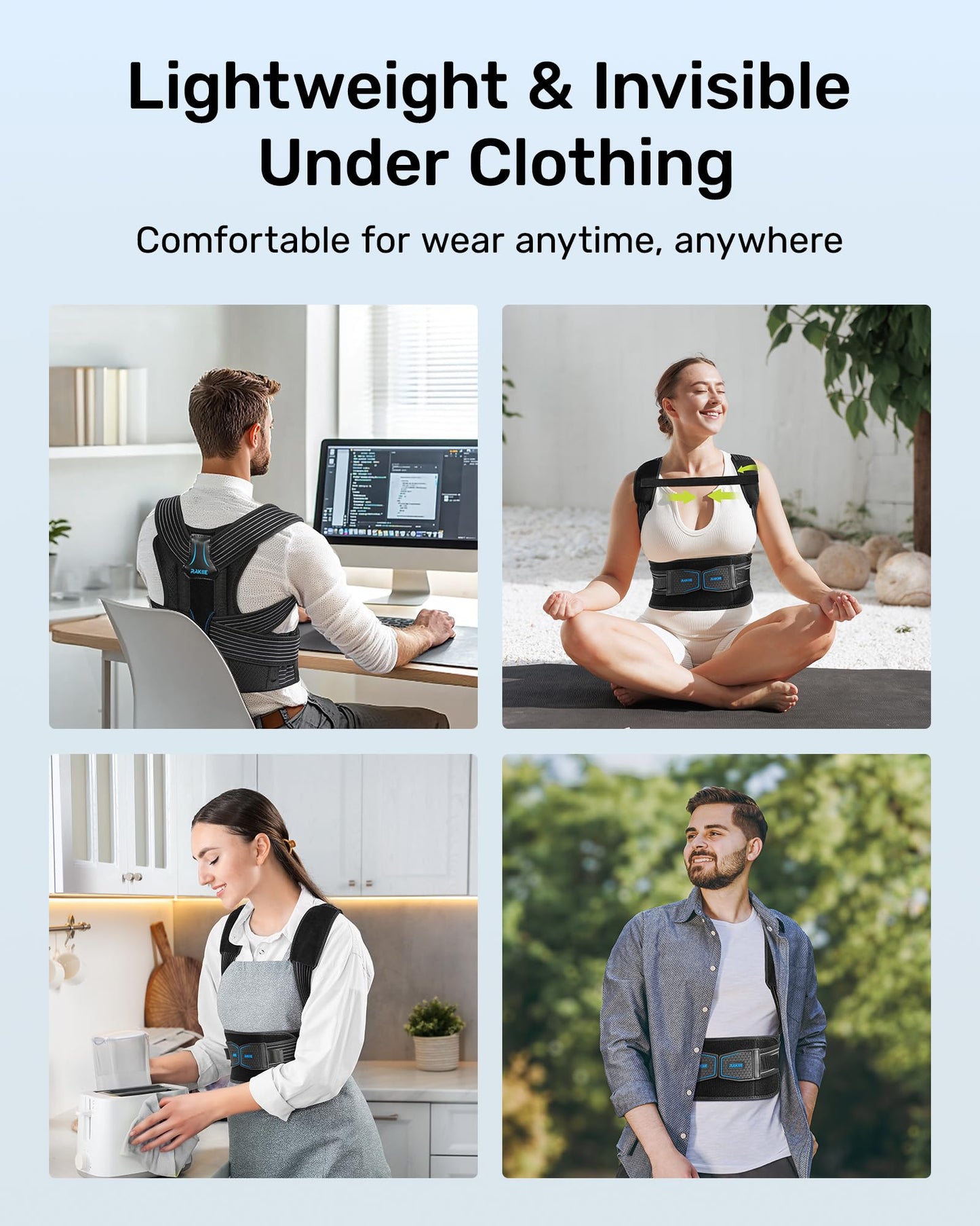 Rakiie Posture Corrector for Women and Men, Upgraded Back Brace with Enhanced Support, Shoulder Straightener with Cushioned Shoulder Pads & Underarm Pain Relief Strap, Size M (Upper Waist: 35.4"-41.3")