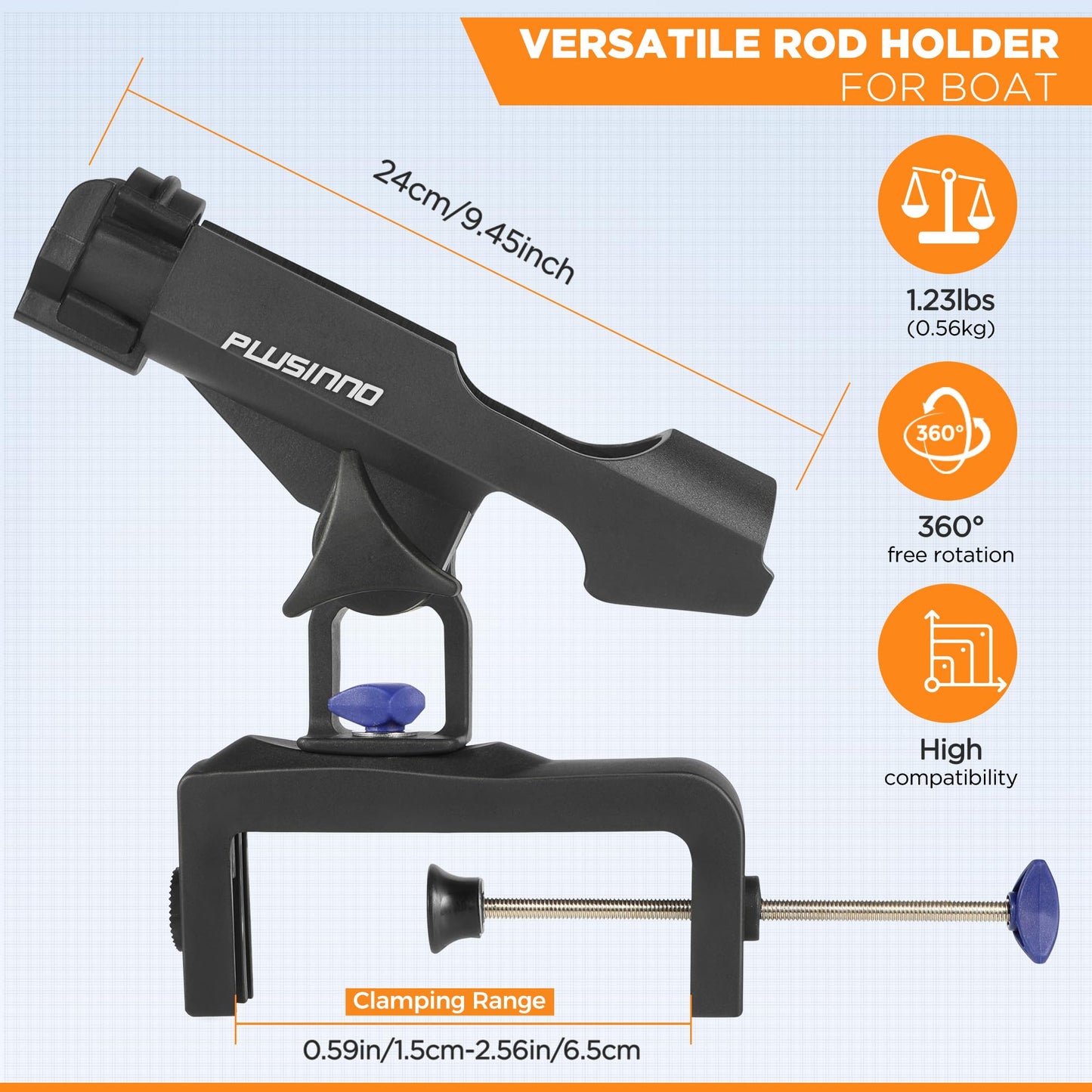 PLUSINNO Fishing Boat Rods Holder with Large Clamp Opening 360 Degree Adjustable Fishing Rod Racks Folding Holder (1 Pack Blue)