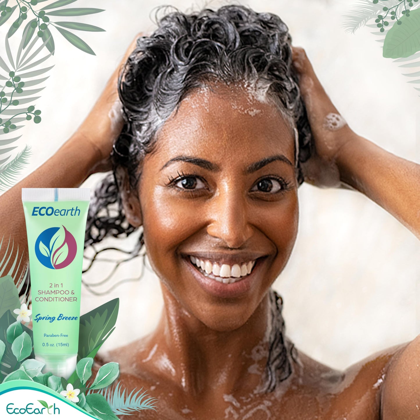 EcoEarth Travel Size Shampoo Conditioner 2-in-1 (0.5 fl oz, 100 PK, Spring Breeze) Delight Your Guests w/Revitalizing & Refreshing Conditioning Shampoo Amenities, Small Size Hotel Toiletries in Bulk
