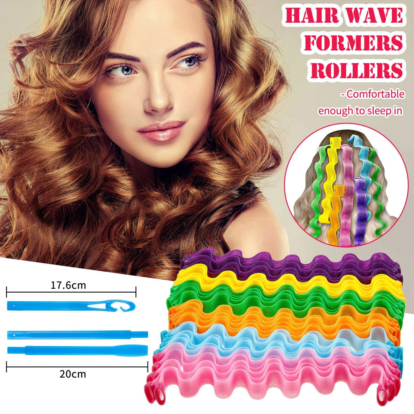 30 Pieces Heatless Waves Curlers Spiral Curls Styling Kit No Heat Hair Waver Spiral Curlers Rollers with 2 Pieces Styling Hooks for Most Hairstyles (45 cm)