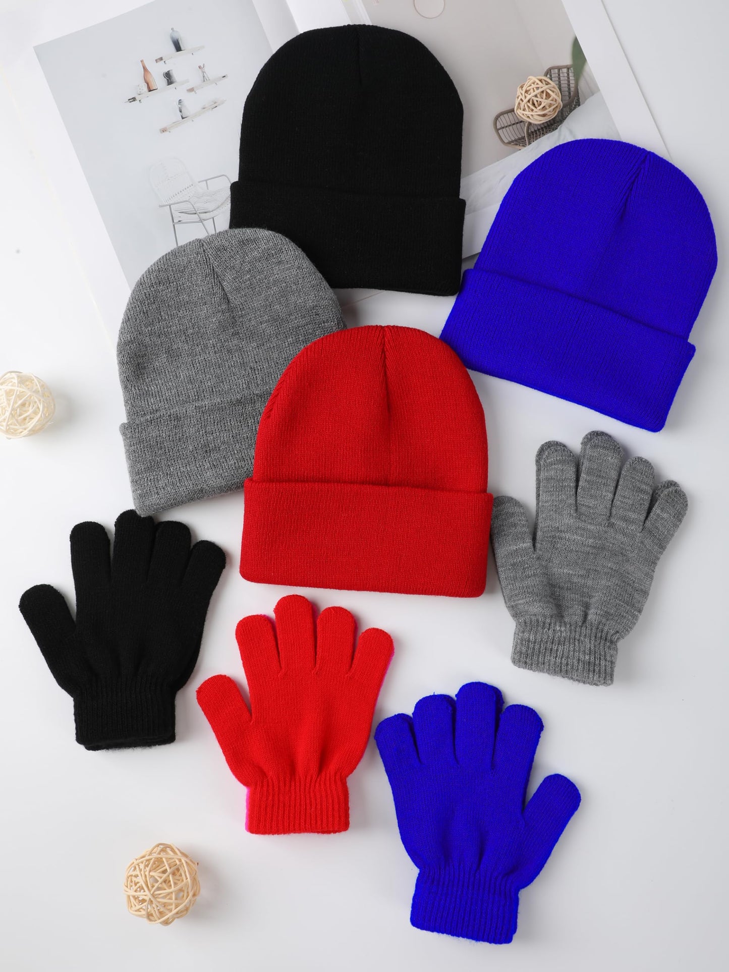 Gnodio 8 Pack Kids Beanie Hats and Gloves Set Kid's Knitted Beanies Hat Winter Gloves for Boys Girls