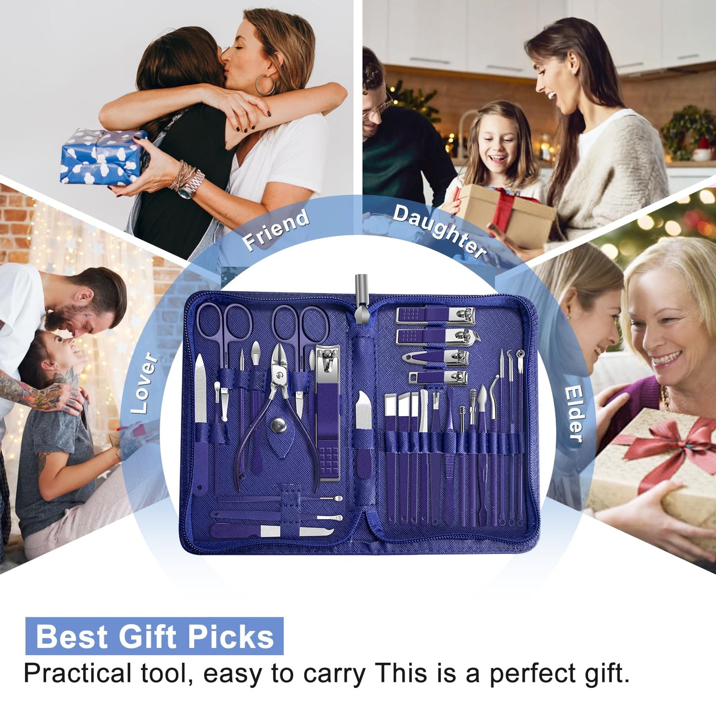Manicure Set Personal Care Mens Grooming Kit, 30 in 1 Professional Manicure Kit Pedicure Kit, Nail Clippers for Men and Beauty Tool Portable Set, with Luxurious Travel Case (Blue)