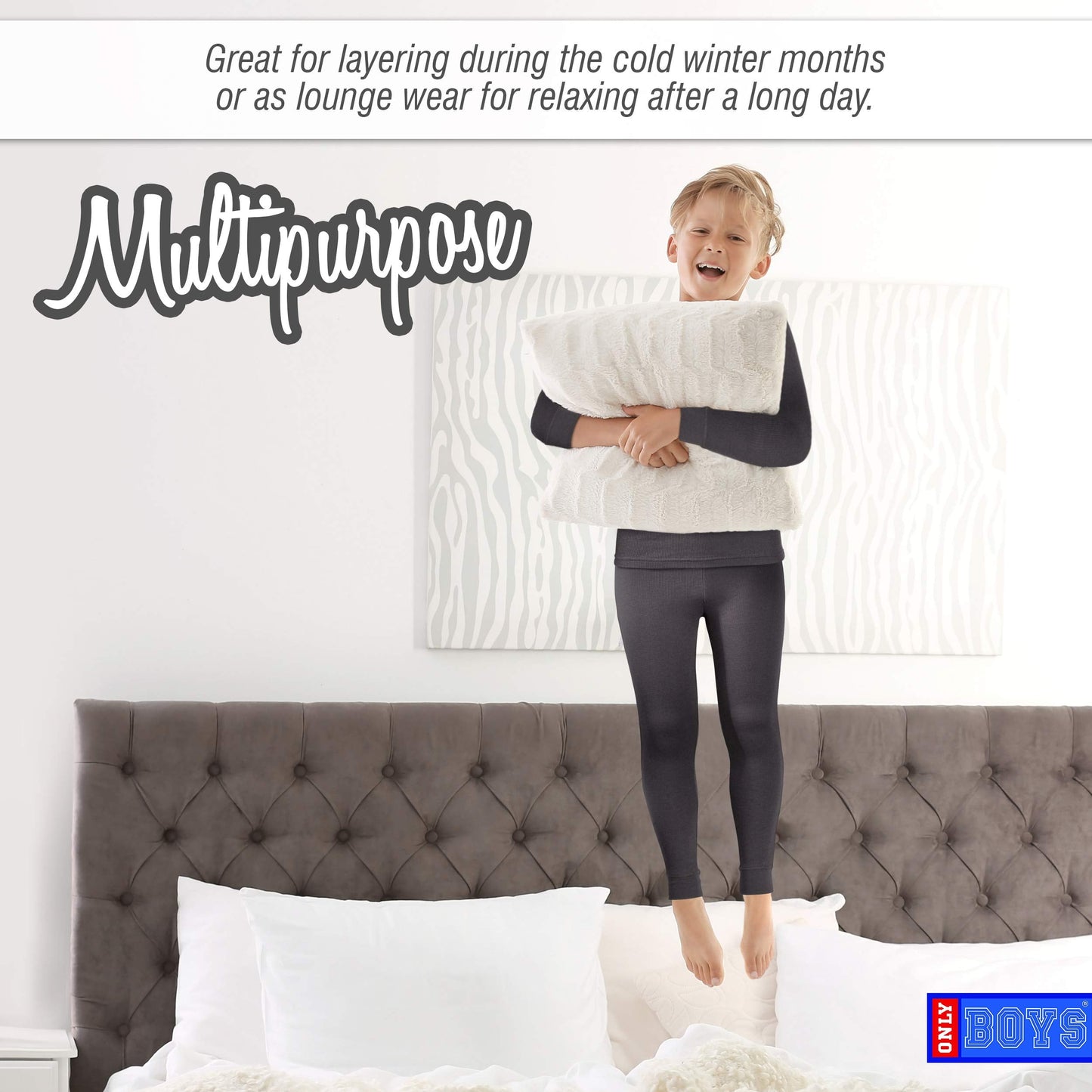 ONLY BOYS Thermal Underwear Set – 2 Piece Brushed Fleece Top and Long Johns (2T-16), Charcoal, Size Medium/8-10