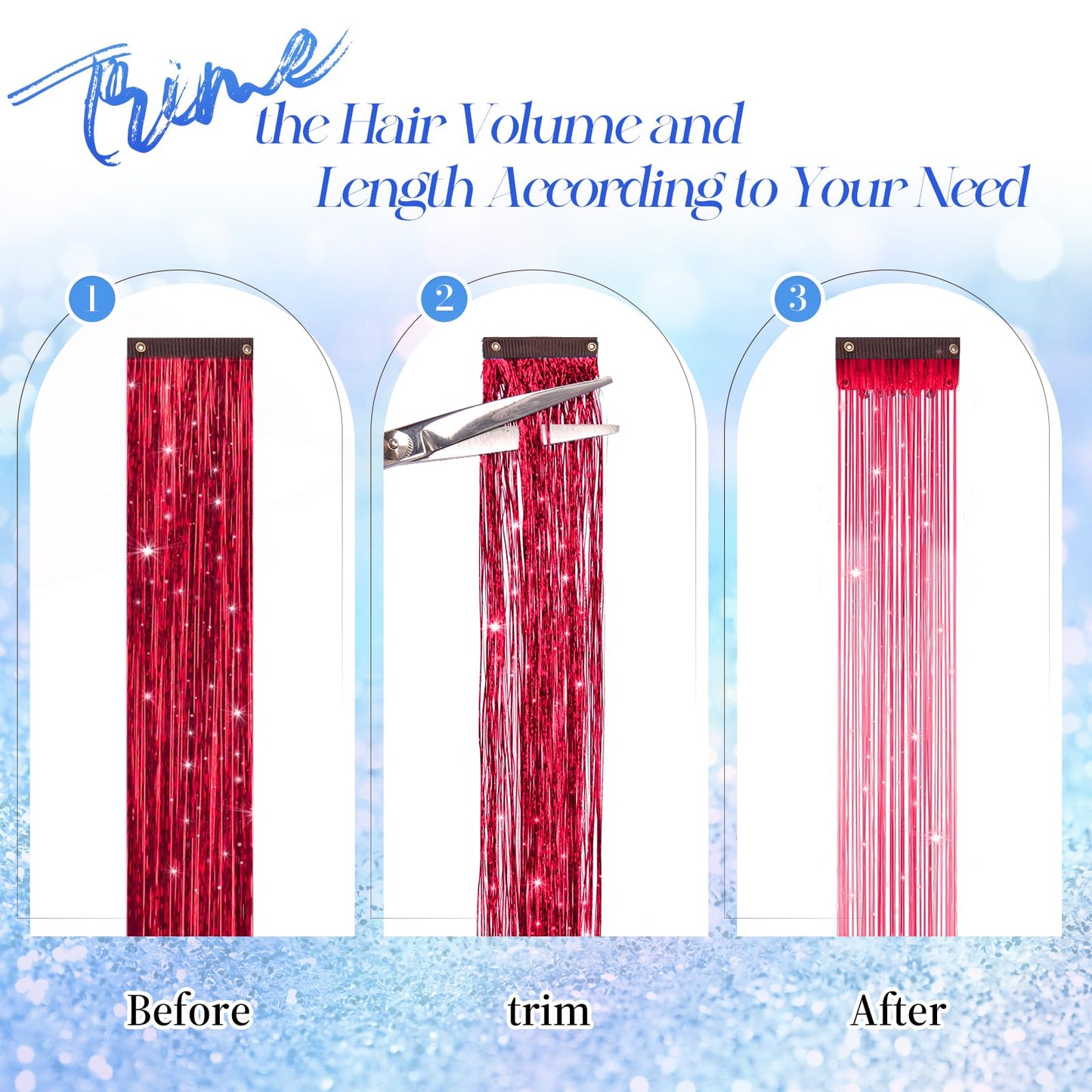 FESHFEN Clip in Hair Tinsel - 12 PCS Red Clip ins Glitter Tinsel Hair Extensions Sparkle Fairy Dazzle Colorful Accessories Kit for Women 20 Inch