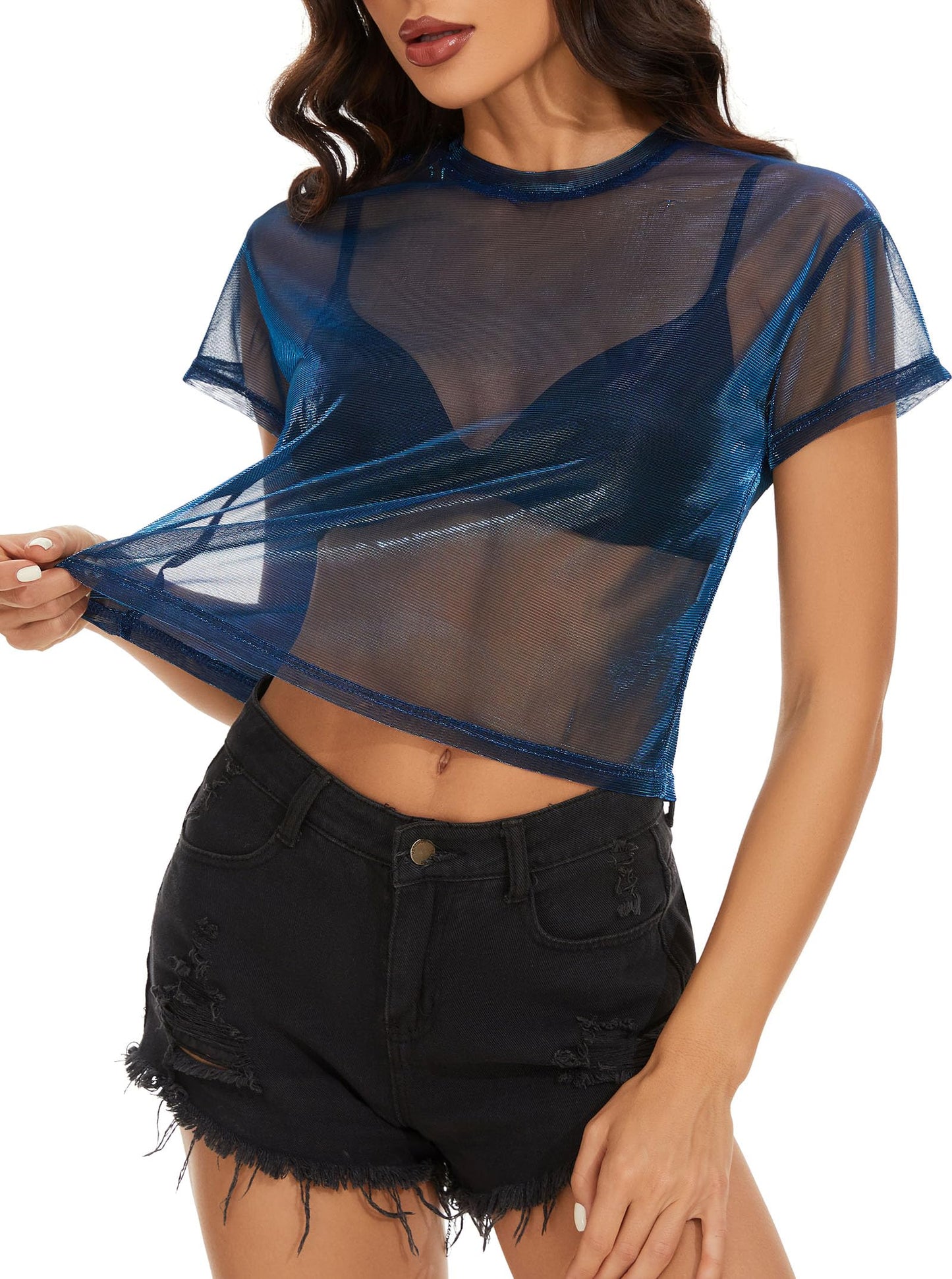 Mesh Tops for Women Short Sleeve Loose See Through Sheer Cover Up Blouse Clubwear (Metallic Shimmer Blue,S)