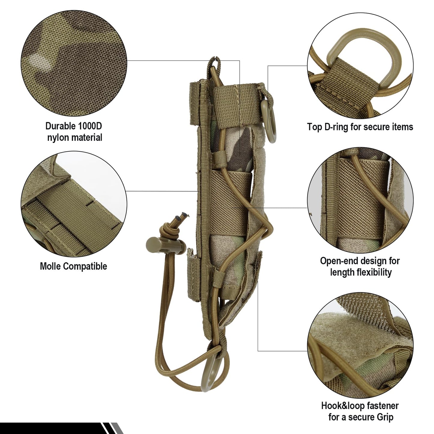 OneTigris Flashlight Holster Molle Flashlight Holder for Belt Tactical Pouch for Torch Linear Hand Tool with Open-top MOLLE Strap for Vertical & Horizontal Carrying