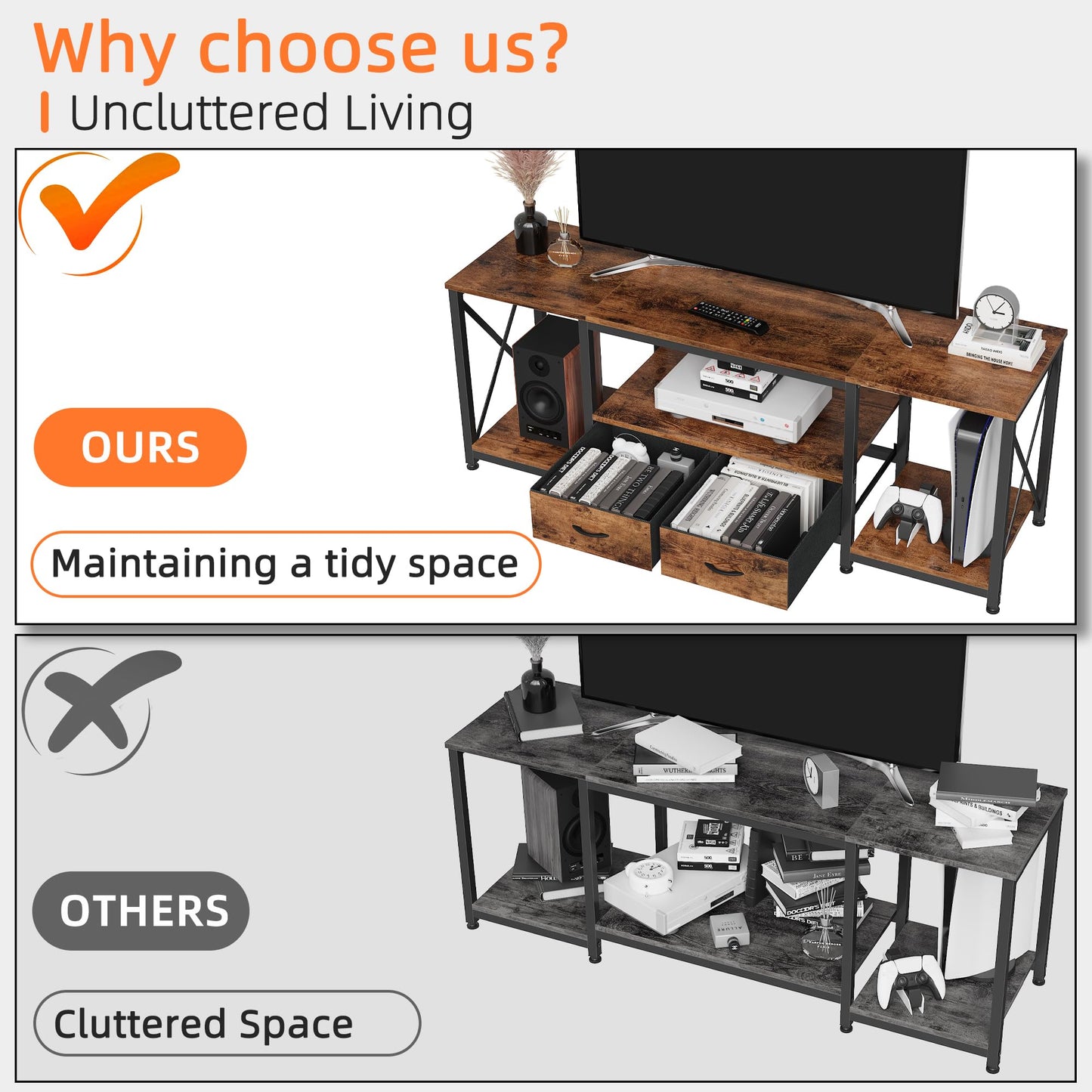 GYIIYUO TV Stand with Fabric Drawer - Entertainment Center and Industrial TV Console Table with Open Storage Shelves for Living Room, Bedroom - 55.1" Rustic Brown