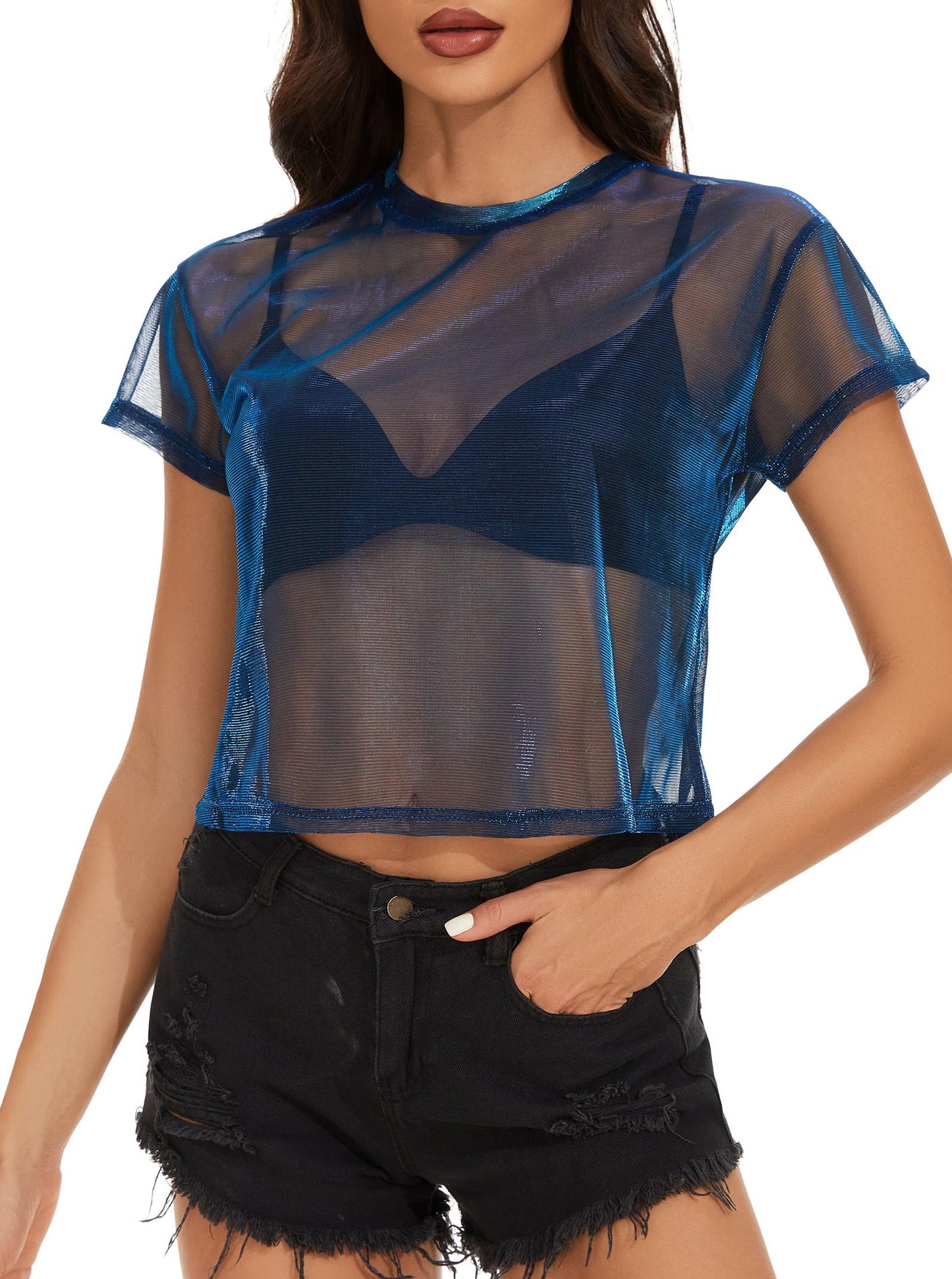 Mesh Tops for Women Short Sleeve Loose See Through Sheer Cover Up Blouse Clubwear (Metallic Shimmer Blue,S)