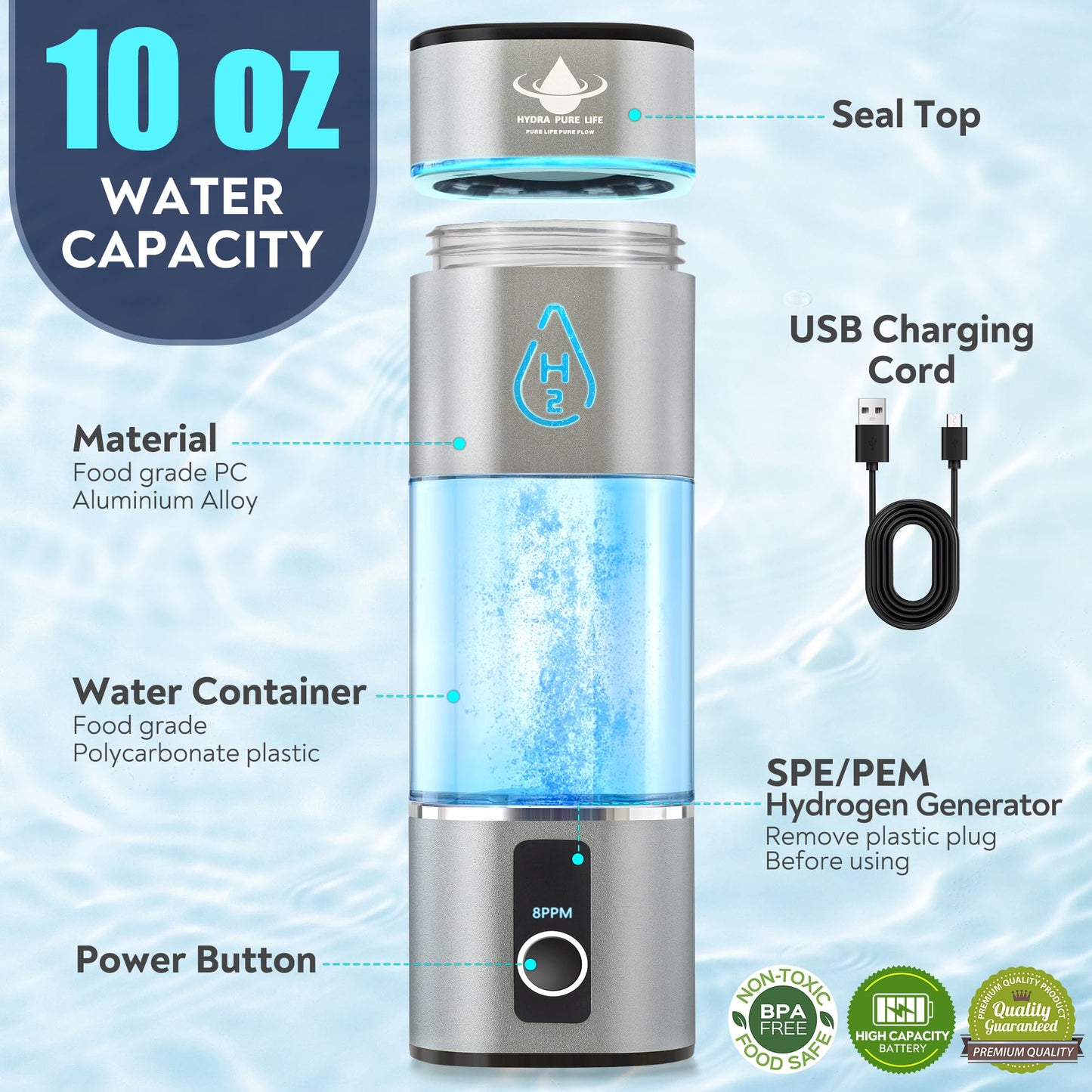 Hydra Pure Life Hydrogen Water Bottle Generator Up to 8000PPB with SPE & PEM, 2 Modes Rechargeable Portable 3-in-1 Multifunctional Hydrogen Water Machine with LED, Perfect for Office, Home, Gym