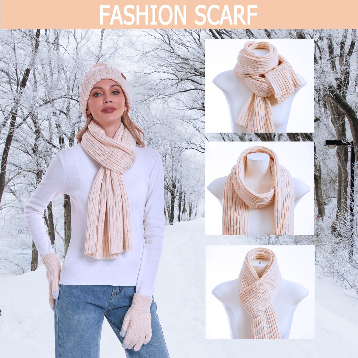 Women Beanie Hat Scarf Gloves Set, Women Winter Knitted Beanie Hat with Pom Pom Long Scarf Warmer Gloves with Touchscreen Set for Cold Weather, Warmer for Girls Women (Apricot)