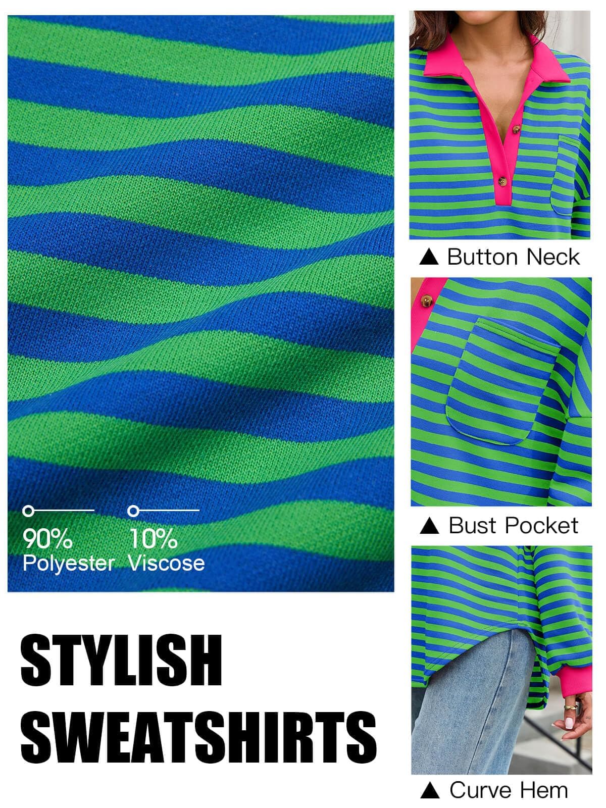 Tankaneo Womens Oversized Striped Sweatshirts Long Sleeve Color Block Casual Tunic Tops with Pockets Green Blue