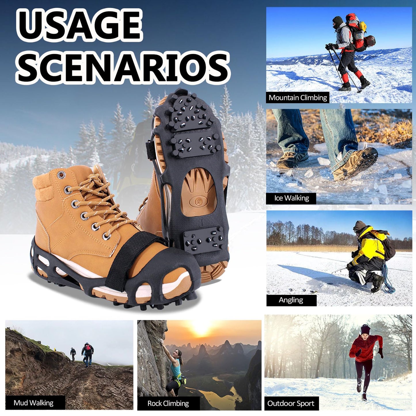 MOVOYEE Ice Cleats for Shoes and Boots Women Men, Crampons for Hiking Boots Climbing Fishing Running, Rubber Stainless Steel Studs Traction Anti Slip Grips Spikes for Shoes On Ice Snow Winter Walking