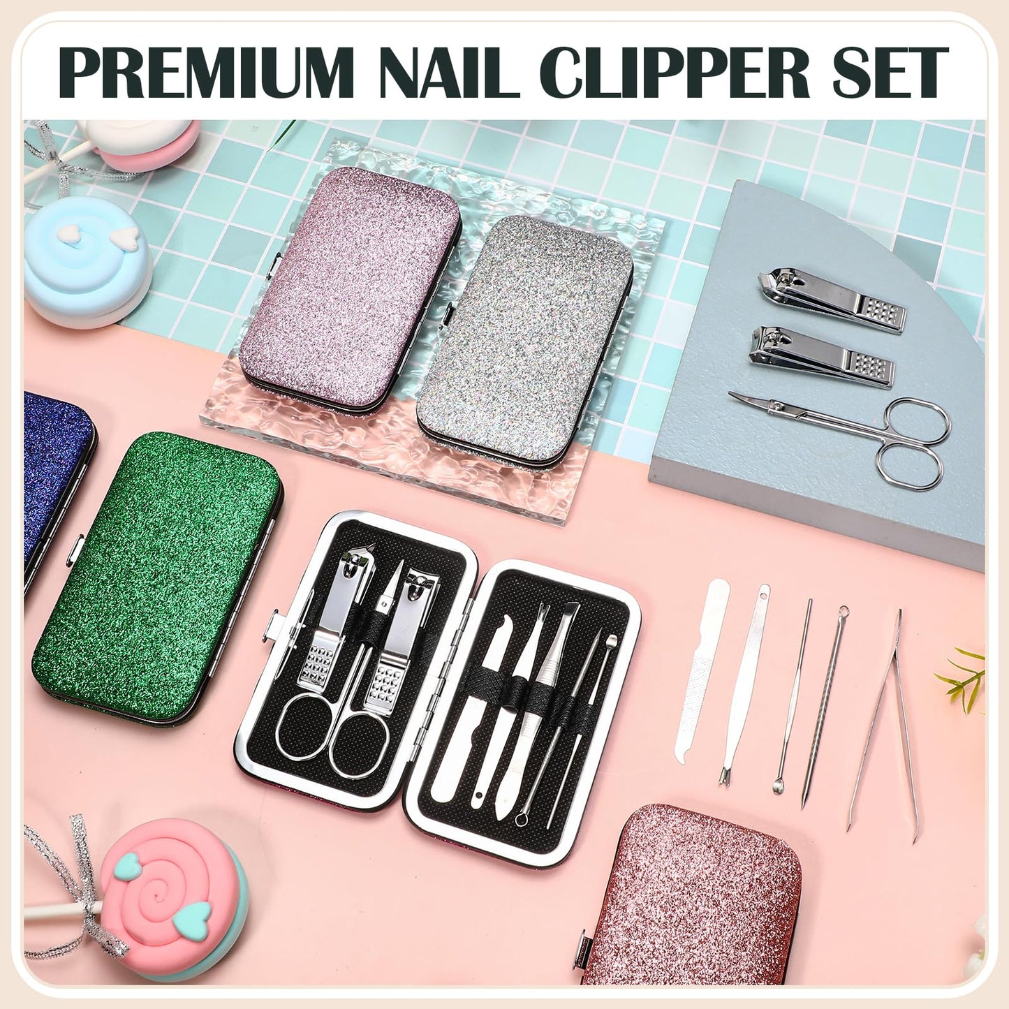 Leriton 60 Pack Manicure Set Bulk Gifts Stainless Steel Nail Clipper Set with Case 8 in 1 Personal Pedicure Kit for Women Men, Gifts for Graduation Nurse Day Mother's Day(Mix Color,Glitter)