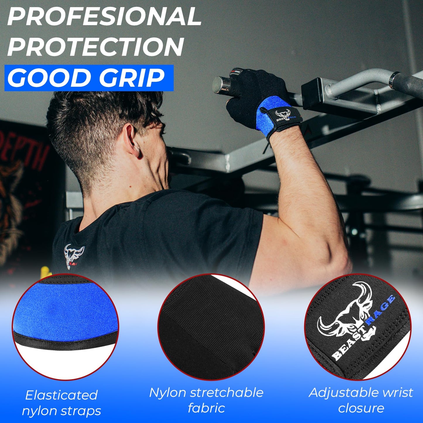 BEAST RAGE Workout Gloves for Men, Durable Palm Grip Gym Gloves Women Half Finger Elasticated Training Weight Lifting Strength Bodybuilding Anti Slip Cycling Gloves Exercise (Blue, S)