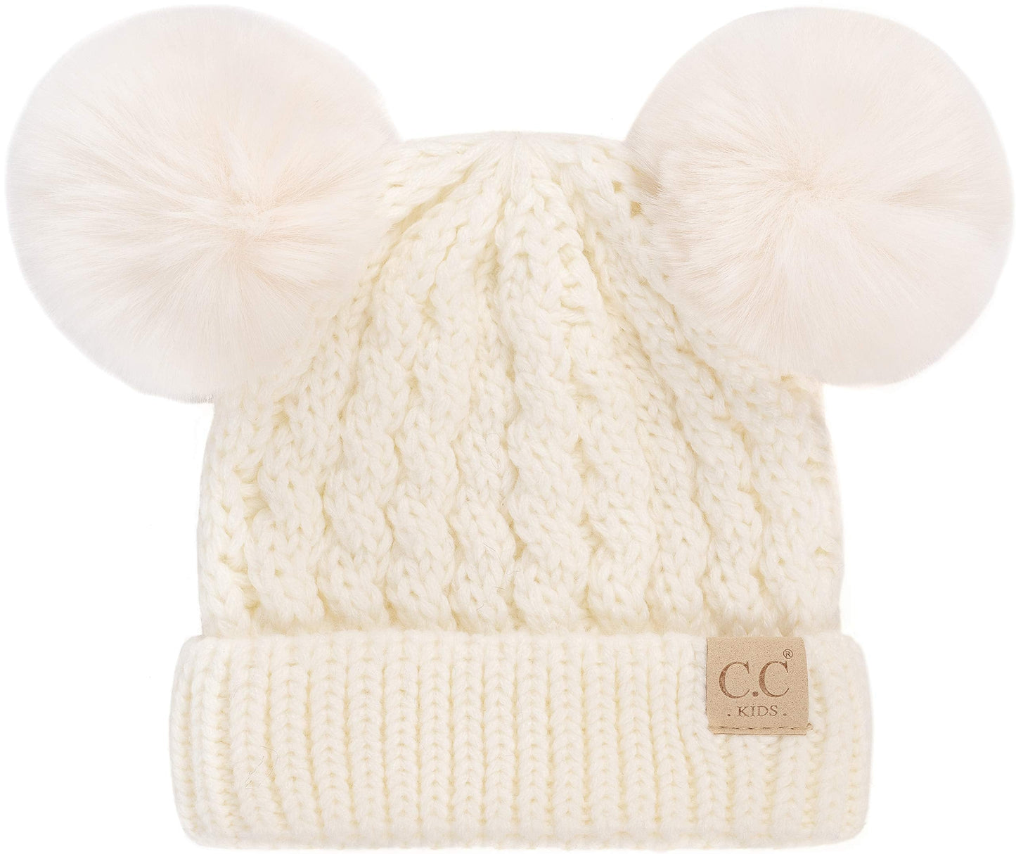 Funky Junque Double Pom-Pom Kids Beanie, Double Pom Pom Beanie Toddler 100% Acrylic Material, Soft and Warm, Toddler Winter Clothes Toddler Girl Winter Hat (Ivory - Ivory Faux Fur Pom)