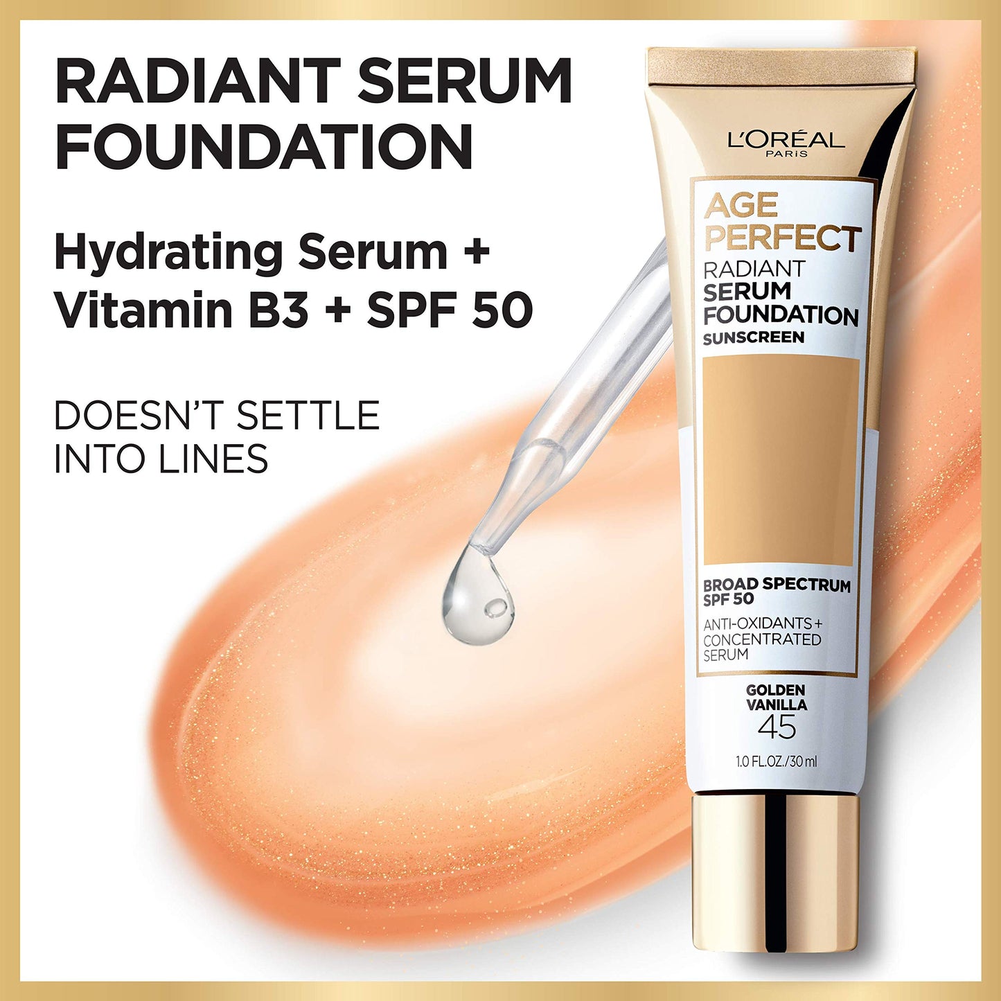 L'Oreal Paris Age Perfect Radiant Serum Foundation with SPF 50, Cappuccino, 1 Ounce