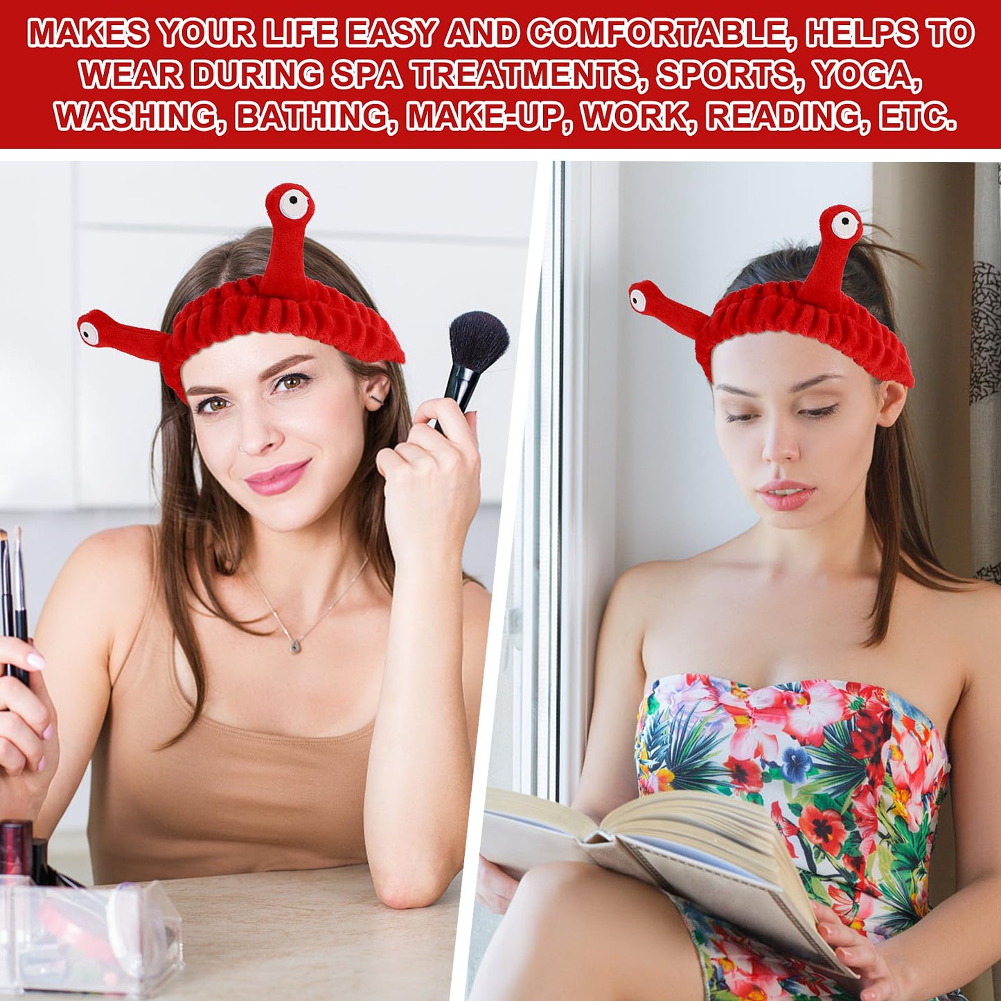 Face Wash Headband, Palm and Snail Spa Hair Bands Makeup Headbands Women Cartoon Cute Coral Fleece Elastic Headband Creative Hair Accessories for Washing Face Shower Sports Beauty Skincare (Red)