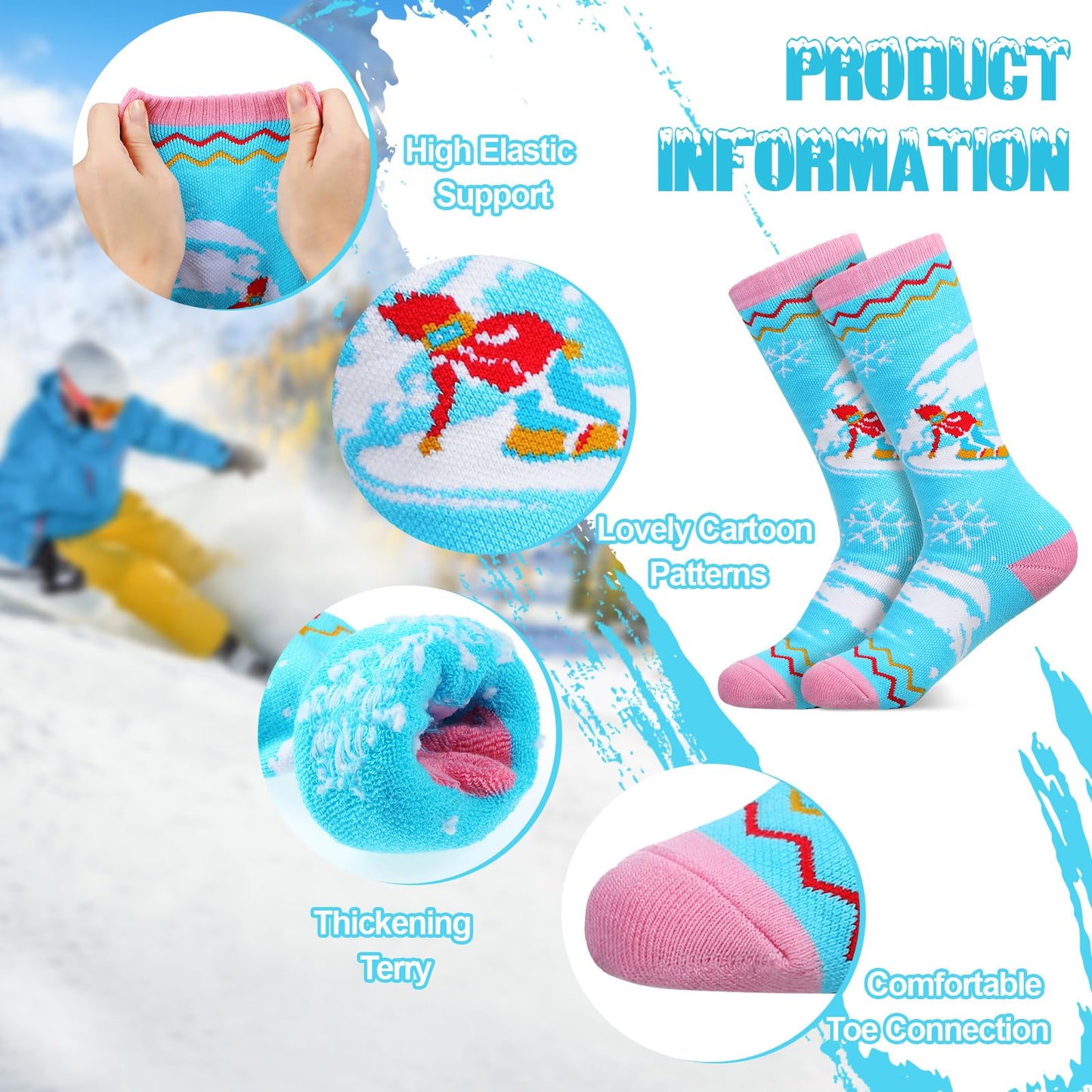 6 Pairs Kids Ski Socks Long Knee Length Snow Socks, Warm Winter Thermal Snowboard Socks for 7 to 12 Years Old Children Girls Boys Cold Weather Indoor Outdoor Activities