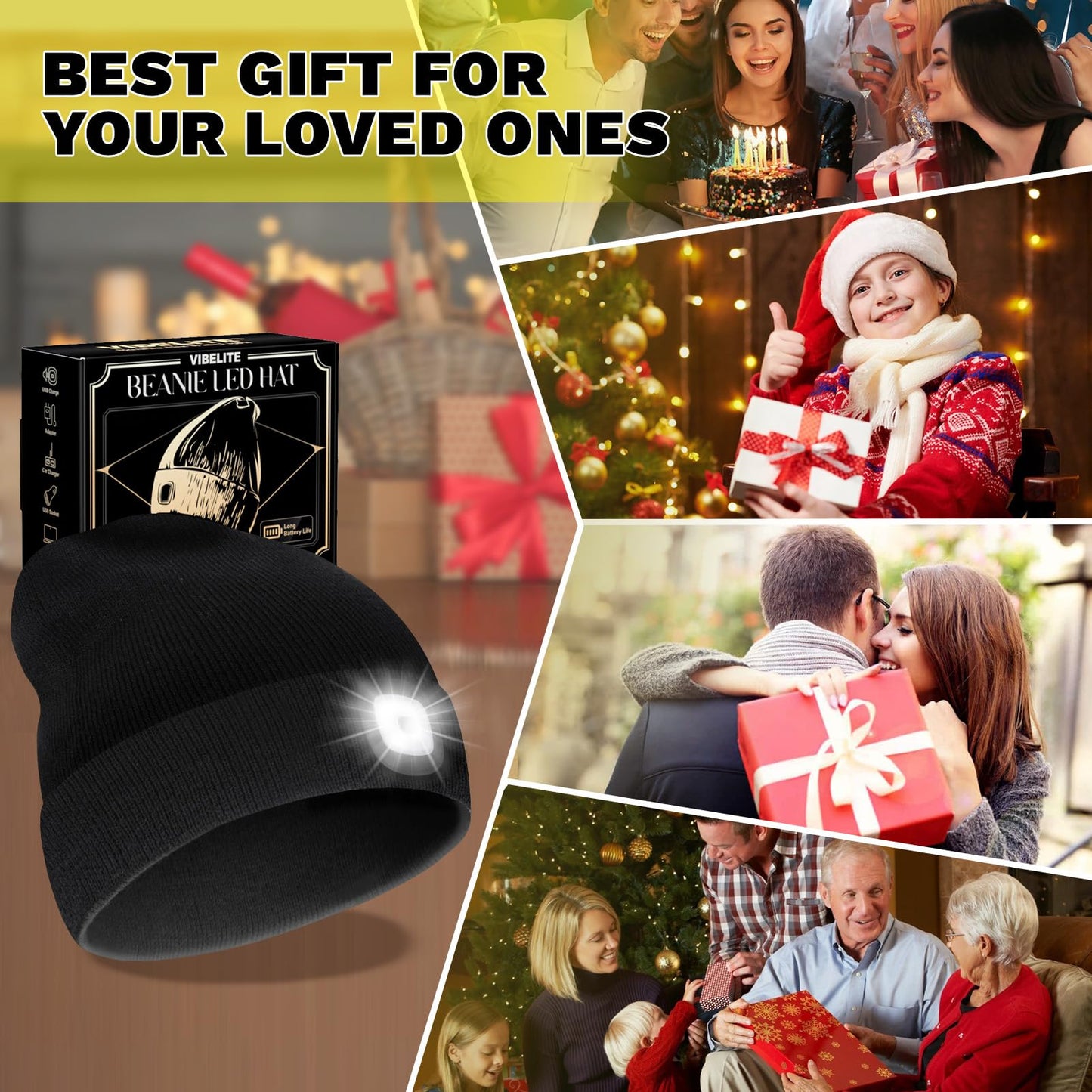 VIBELITE LED Beanie Hat with Light, USB Rechargeable LED Headlamp, Gifts for Christmas, Stocking Stuffers for Men Him Husband Boyfriend Dad Father, Black