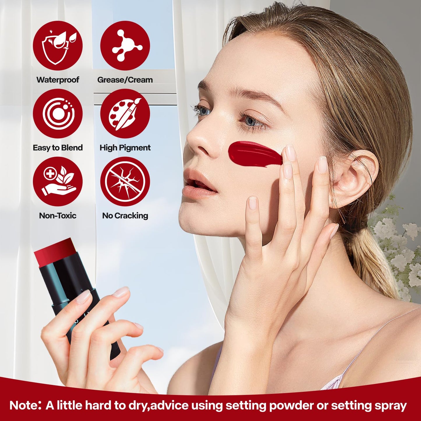 Go Ho Cream-Blendable Red Face Paint Stick (1.06 Oz),Full-coverage Red Body Paint Makeup for Adults Children Halloween Cosplay Clown Devil SFX Makeup,Waterproof Red Makeup Stick