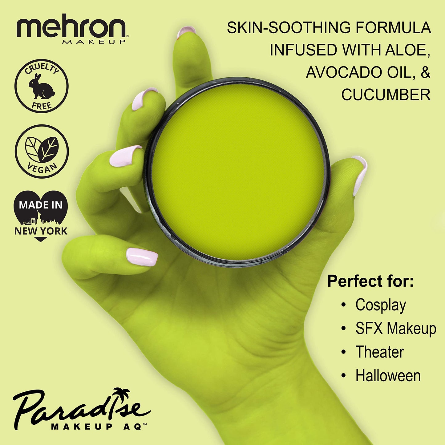 Mehron Makeup Paradise Makeup AQ Pro Size | Stage & Screen, Face & Body Painting, Special FX, Beauty, Cosplay, and Halloween | Water Activated Face Paint & Body Paint 1.4 oz (40 g) (Lime)