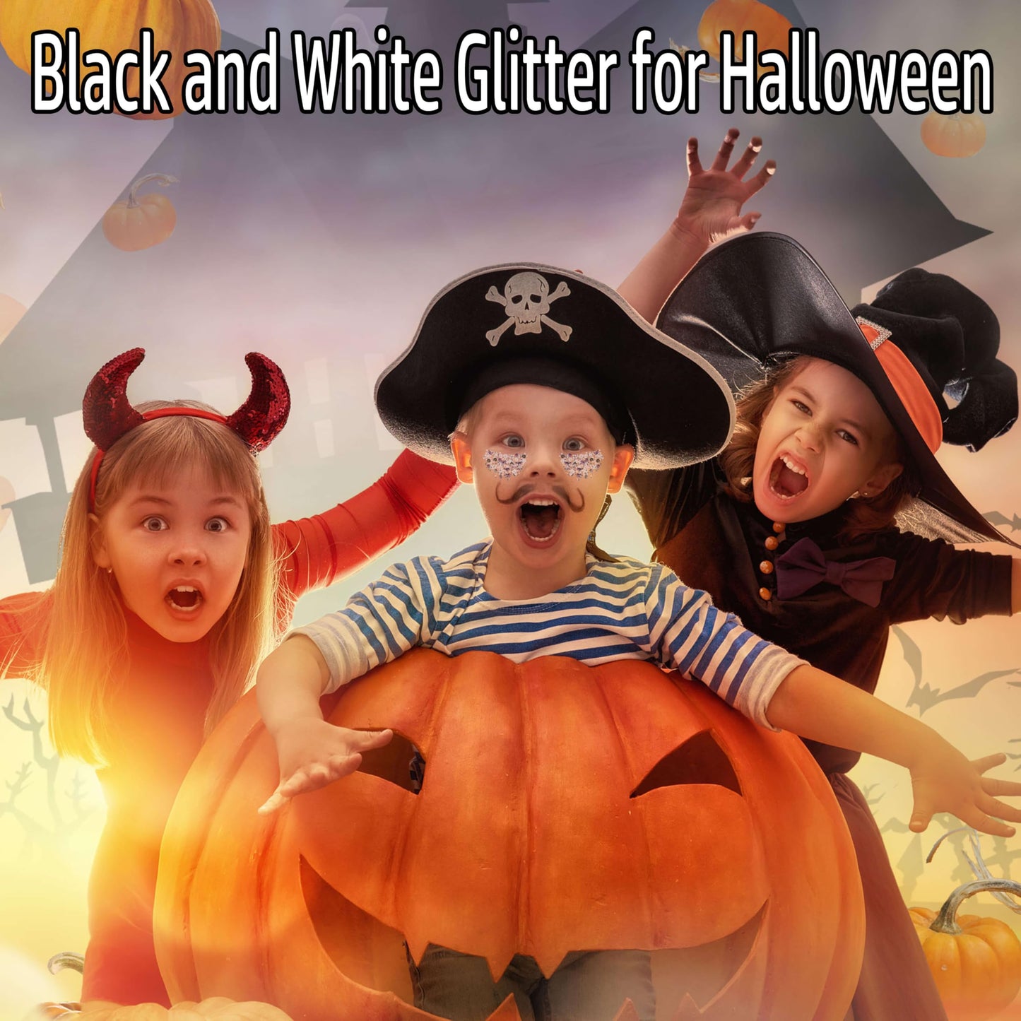 Paminify Halloween Body Glitter Gel,Black White Skull Pumpkin Professional Vibrant Music Festival Party Rave Accessories,Sparking Chunky Face Glitter Paint Makeup for Women and Kids