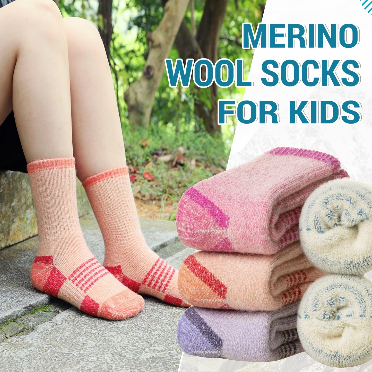 Merino Wool Hiking Socks for Kids Boy Girls Winter Warm Thermal Thick Boot Cozy Cushion Crew Socks(4 Pairs Grey/Orange/Purple/Pink, 8-12 Years)