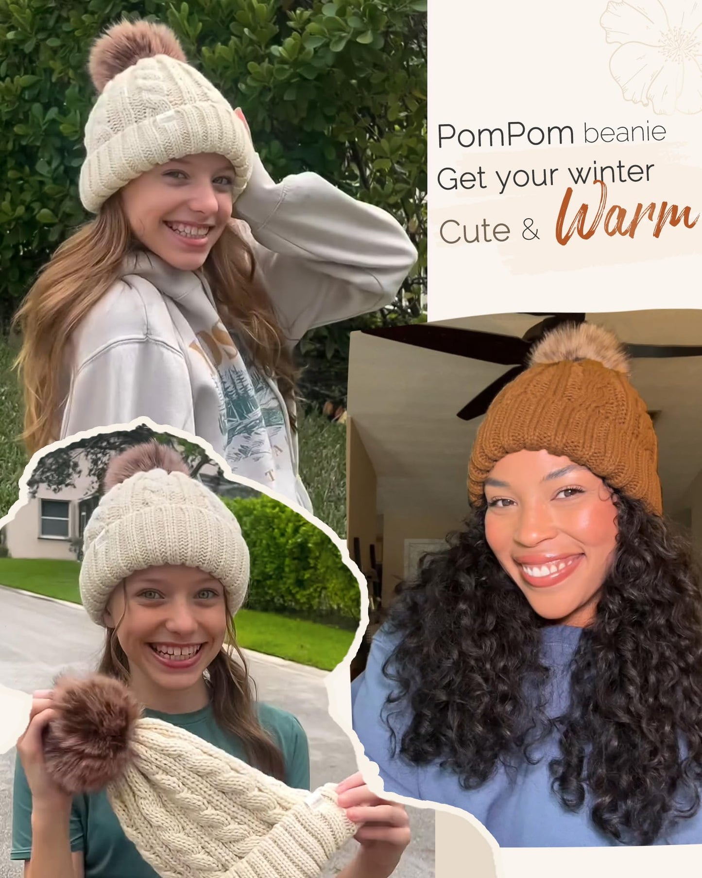 YANIBEST Winter Hats for Women Satin Lined Knitted Beanie Hat Warm Soft Ski Cuff Cap with Pom Pom Pink