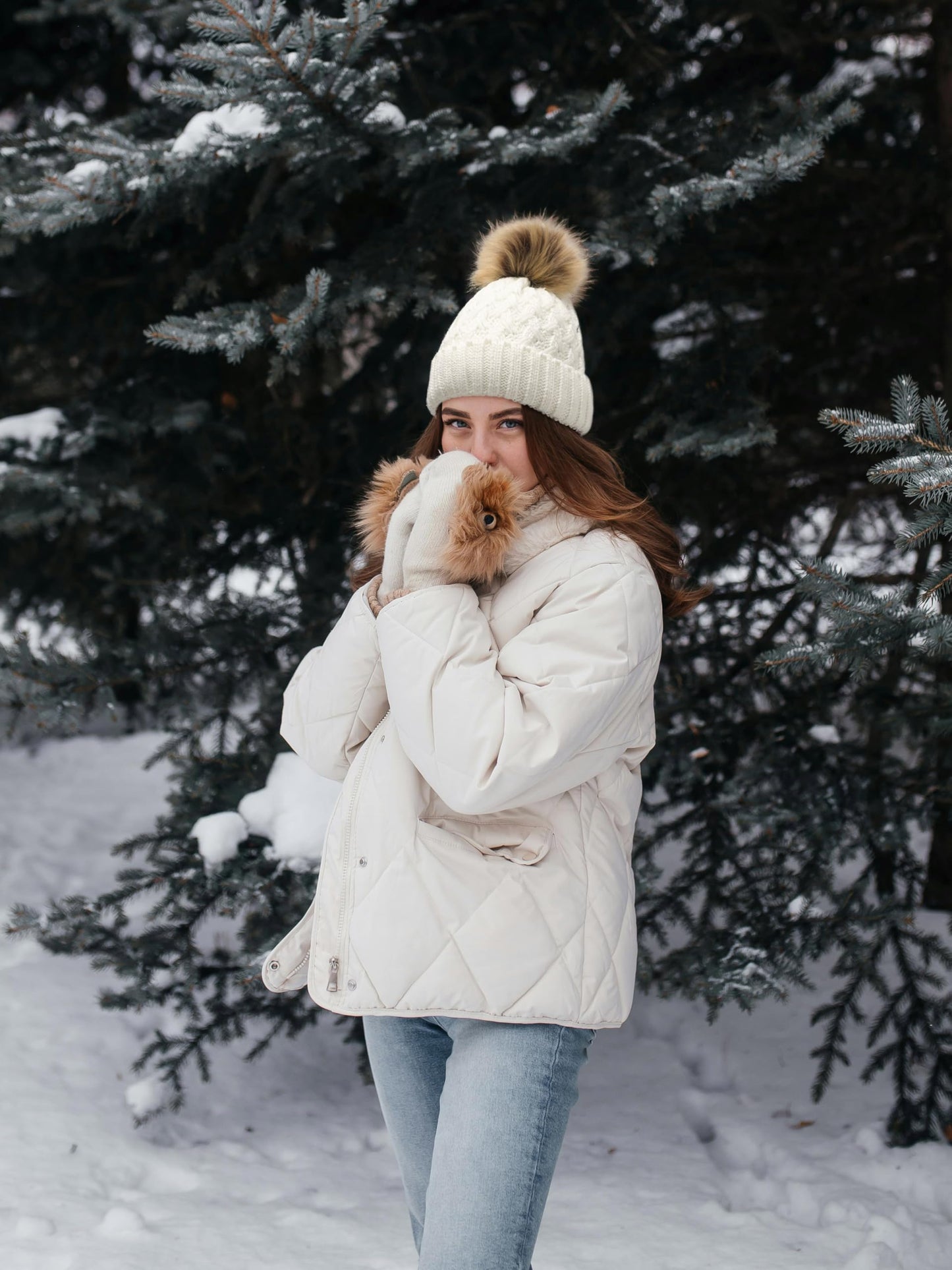 ZLYC Womens Knitted Beanie with Faux Fur Pom Pom Thick Fleece Lined Warm Winter Hat Snow Cap, Solid White