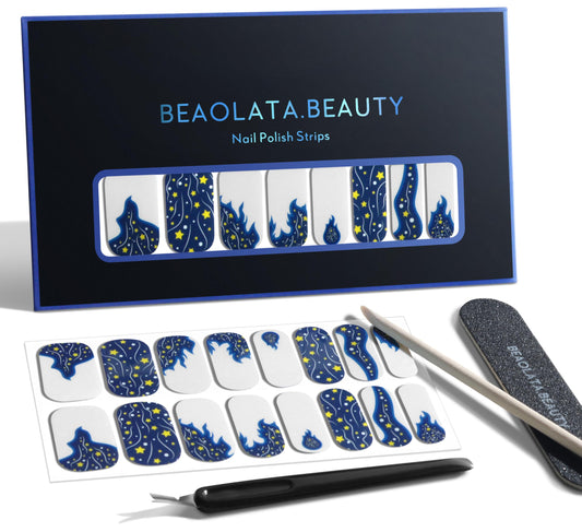 Beaolata Nail Polish Strips, 32PCS Salon Quality Wraps, Long Lasting Gel Nail Stickers for Women Easy Apply& Remove (Blue&White)