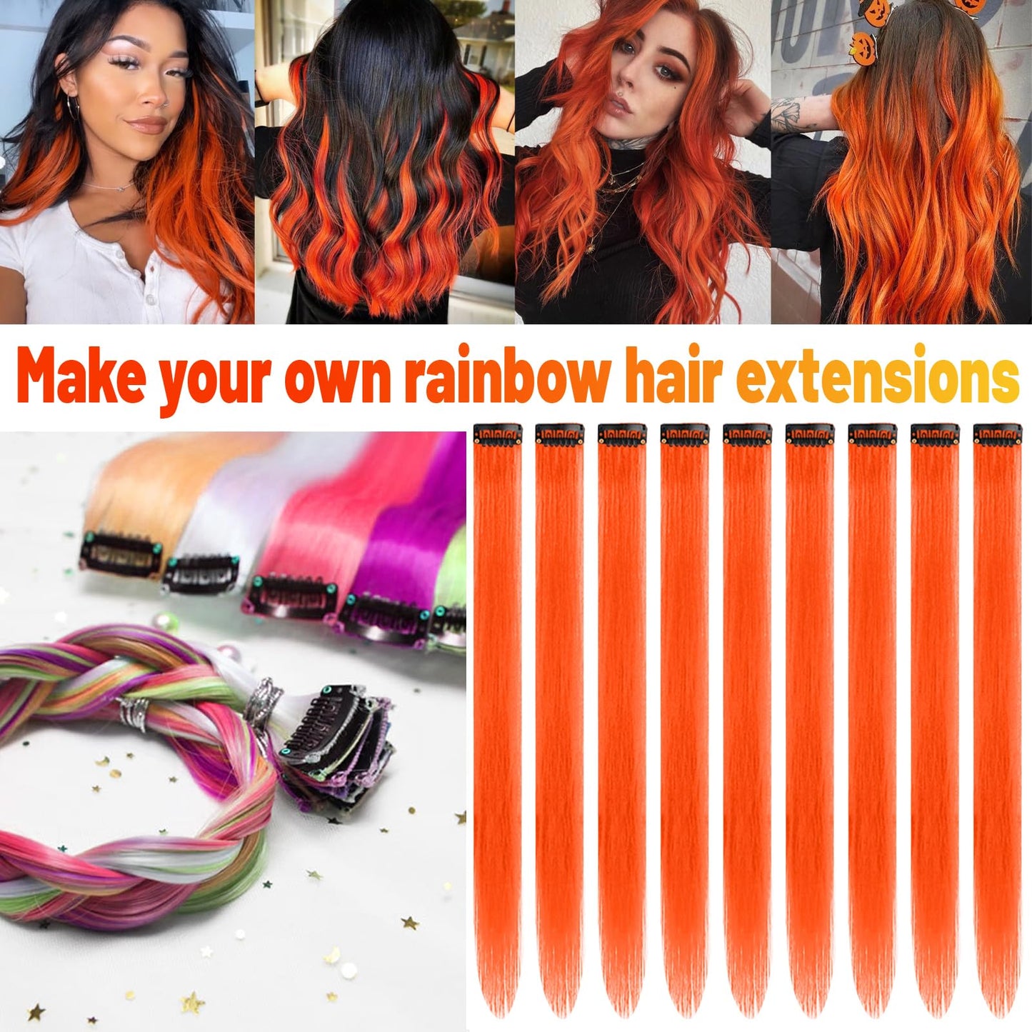 TOFAFA 22 inch Colored Hair Extensions, Multi-colors Party Highlights Clip in Synthetic Hairpiece for Halloween Girl Women Kids Party Gift(10 PCS Orange)