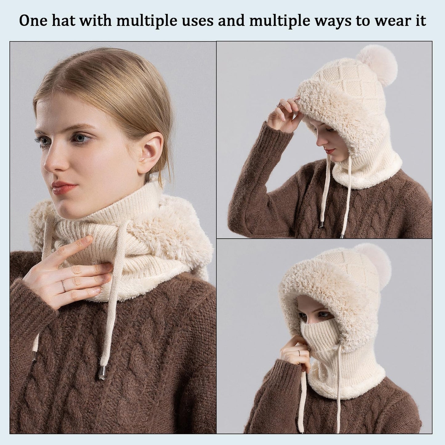 HAIMEIKANG Balaclava Ski Hat Wind-Resistant Hat Cap Scarf for Women and Men - Face Cover for Extreme Cold Weather Gear Beige
