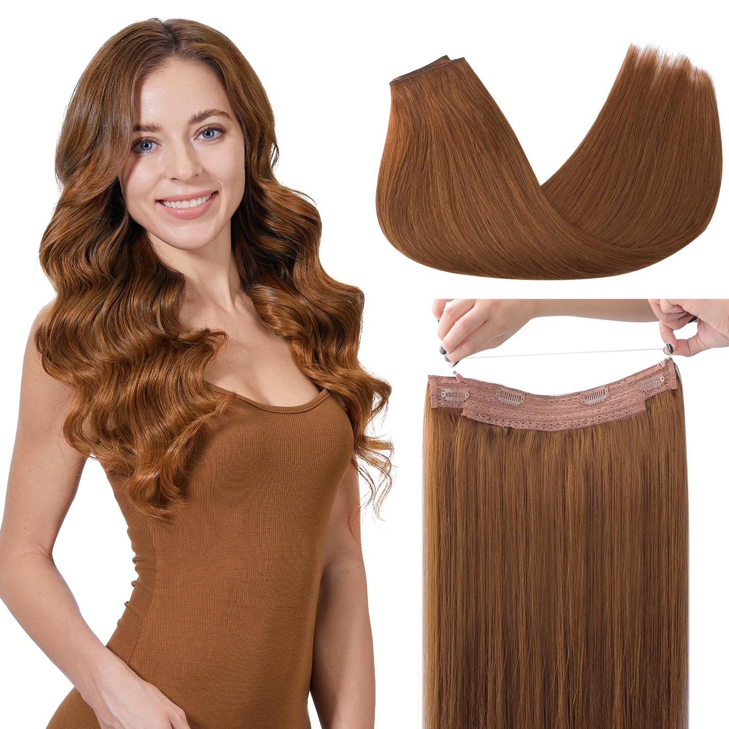 GOO GOO Wire Hair Extensions Human Hair, 350 Copper Natural 14inch 75g, Invisible Wire Hair Extensions with Transparent, Seamless Fish Line Hairpiece